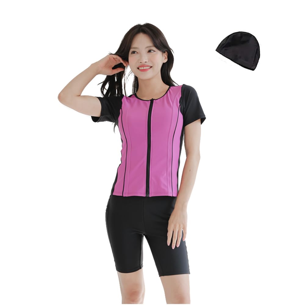 【送料無料】[growncharm] 水着 レディース フィットネス セパレート 体型カバー フィットネス水着 おしゃれ 水着スイムウェア パット付き めくれ防止 スイムキャップ 帽子 付き [CZ403] 色：パープル、サイズ：3L