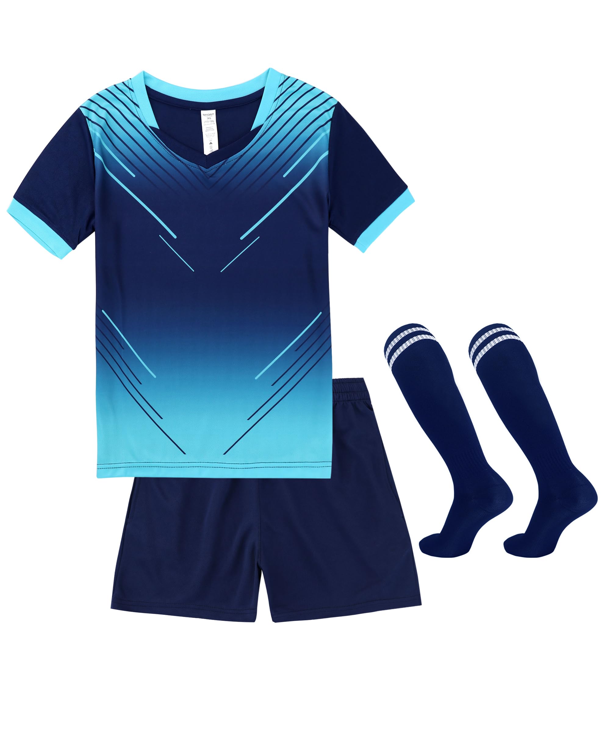 【送料無料】 キッズ サッカーウェア ジャージ 3点セット ソックス付き 子供 プリント 男の子 トレーニング 上下セット 靴下 半袖 ショーツ パンツ 通気 速乾 英字 色：ネイビー2、サイズ：160