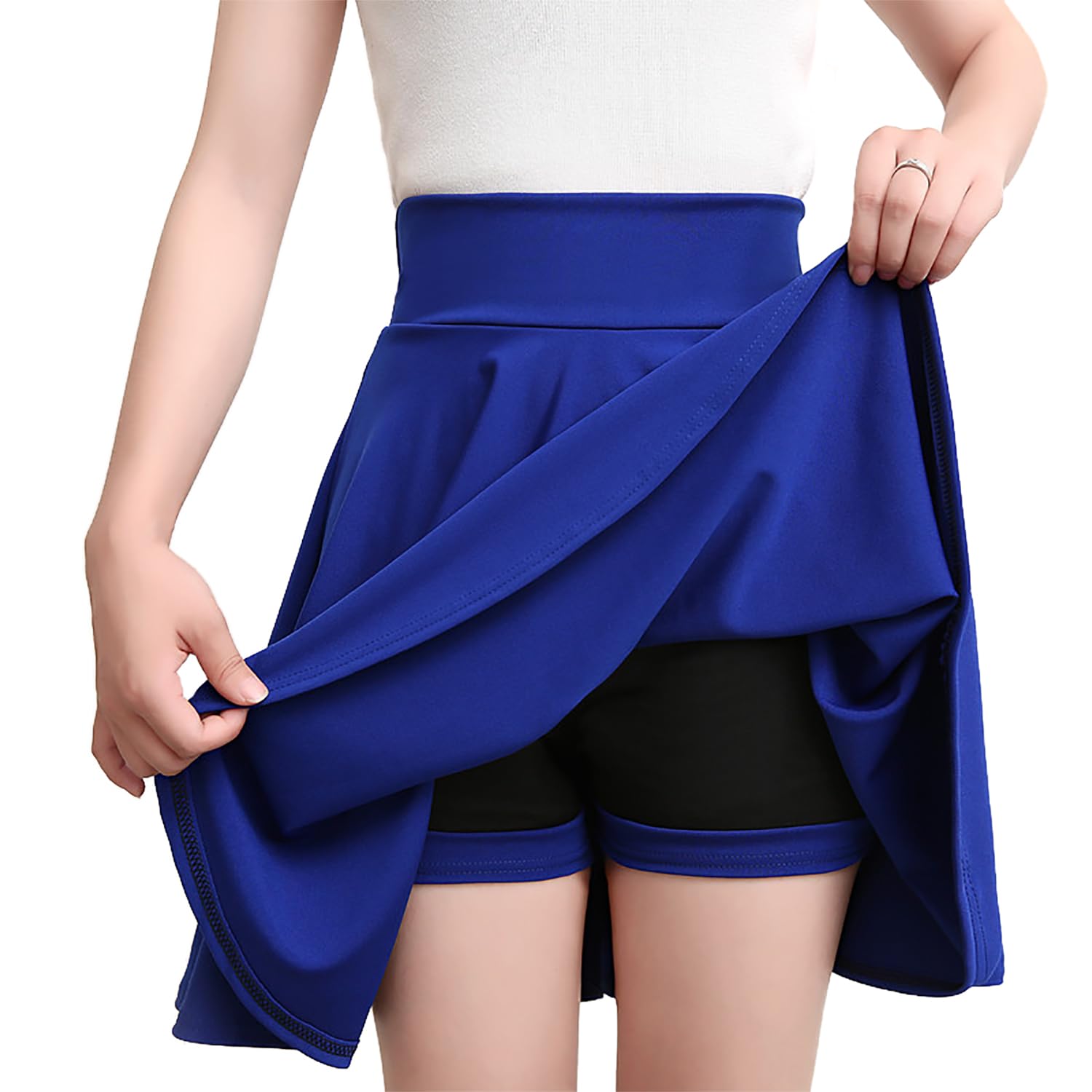 【送料無料】[Sharphon] フレアスカート 24色 45丈 ウエストゴム インナーパンツ付き ハイウエスト Aライン ミニ丈 レディース 無地 チェック柄 ドット カモフラ スポーツ 韓国風 美脚 キュート REI211 色：ブルー、サイズ：4XL