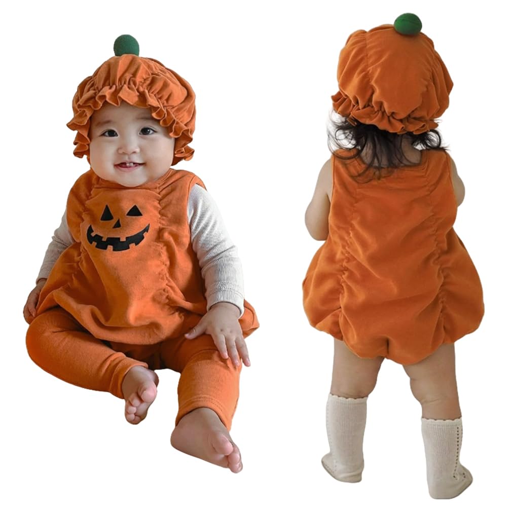 【送料無料】[Icyrain] ハロウィン 衣装 ベビー かぼちゃ ロンパース 女の子 男の子 カバーオール カボチャ仮装 コスプレ 赤ちゃん 着ぐるみ コスチューム イベント 新生児 帽子付き 記念写真 色：かぼちゃ、サイズ：90