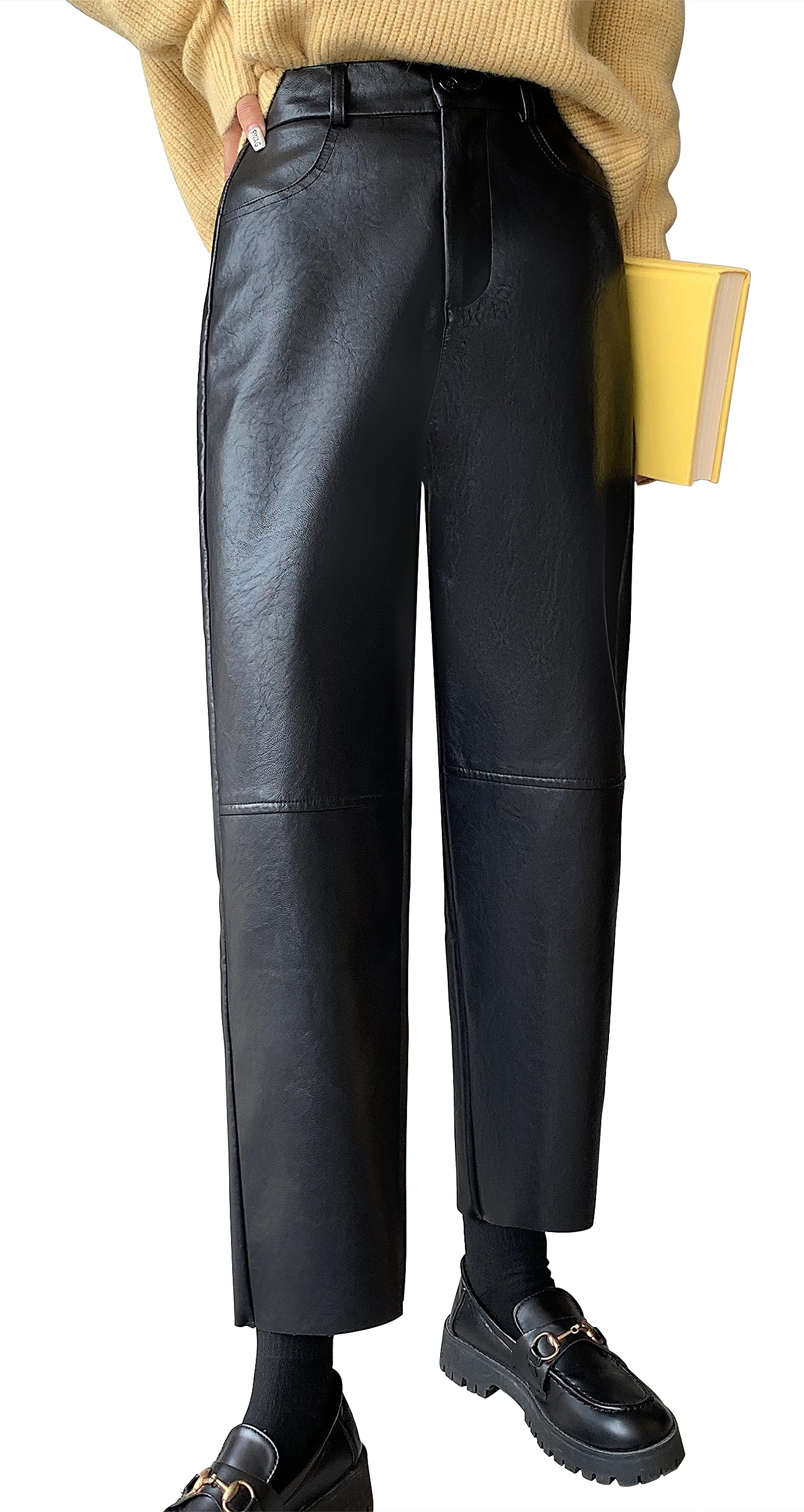 【送料無料】[Syvent] レディース 9分丈 puレザー ストレートパンツ ゴム ハイウエスト フェイク レザー 防水 合皮 ストレート 革パンツ カジュアル ボトムス 色：ブラック、サイズ：L