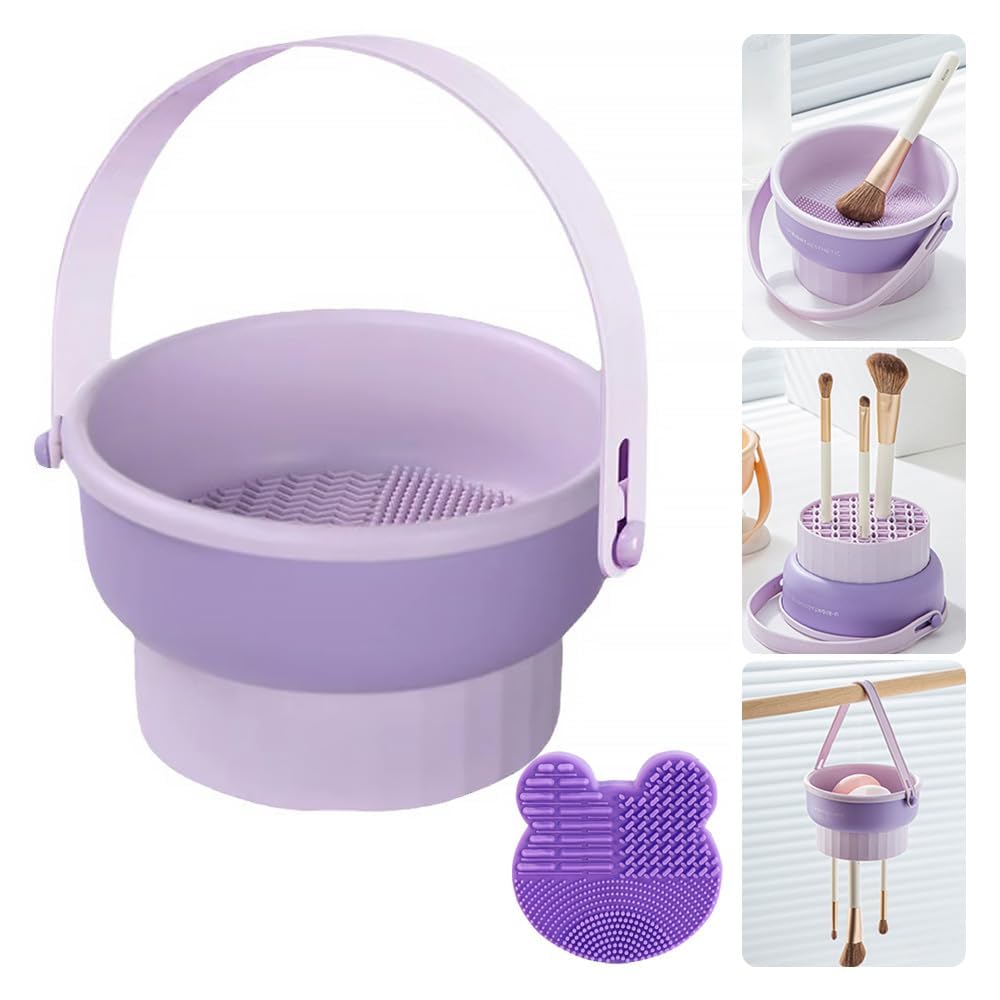 【送料無料】2点セット メイクブラシクリーナー 化粧ブラシ 洗浄 シリコン シリコン クリーナー 3in1 洗浄 乾燥 収納 おしゃれ ドライクリーニングスポンジ 洗浄カアップ 化粧筆洗浄 色：パープル