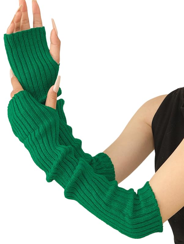 【送料無料】[Ekieta] アームウォーマー アームカバー ロング y2k 防寒 日焼け止め ニット リストウォーマーカバー おしゃれ 無地 指掛けタイプ 秋冬 地雷系 色：ダークグリーン、サイズ：Free Size