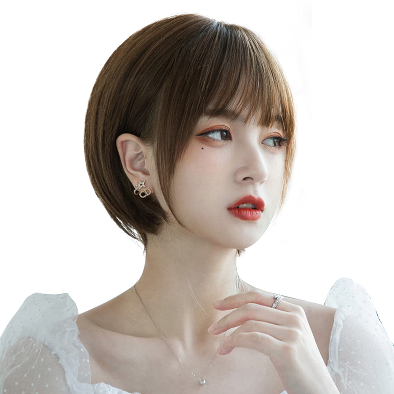 【送料無料】Hawkko ウィッグ ショート ボブ フルウィッグ レディーズ ストレート 女性ウイッグ wig かつら ウィッグ ぱっつん前髪 エクステ ワンカール 女性用 女装 ナチュラル 自然 耐熱 日常 小顔 ネット/櫛付（亜麻色）