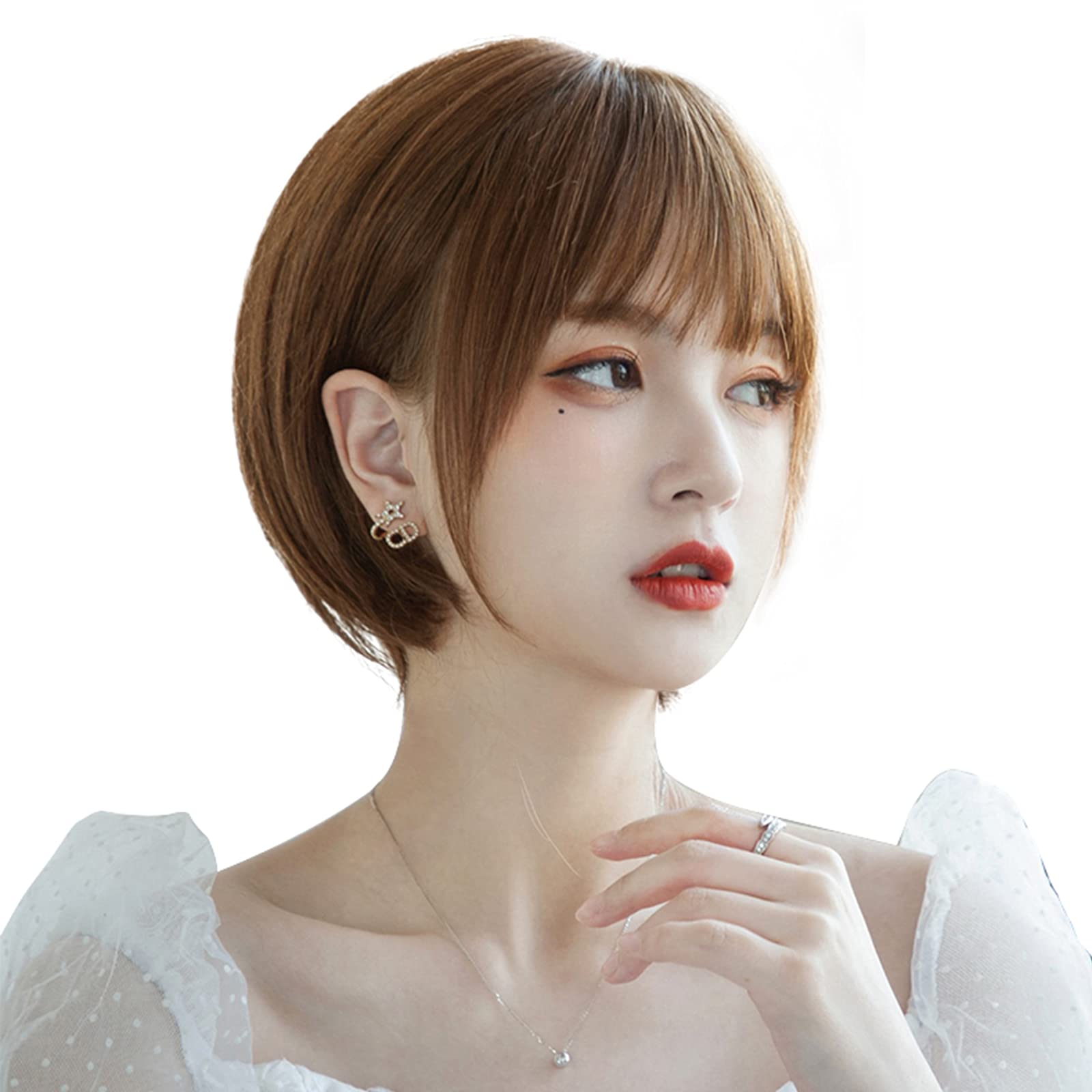 【送料無料】Hawkko ウィッグ ショート ボブ フルウィッグ レディーズ ストレート 女性ウイッグ wig かつら ウィッグ ぱっつん前髪 エクステ ワンカール 女性用 女装 ナチュラル 自然 耐熱 日常 小顔 ネット/櫛付（ライトブラウン）