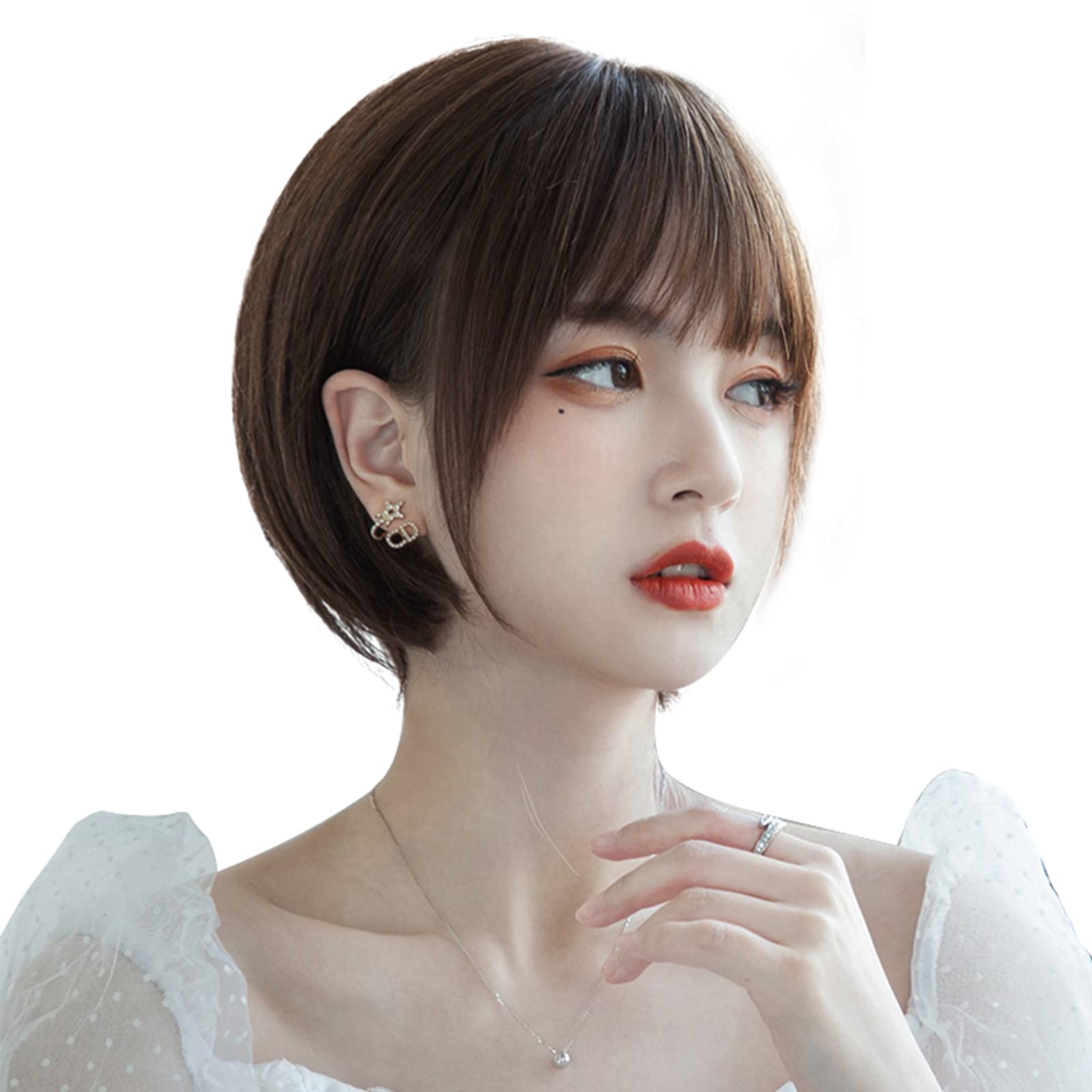 【送料無料】Hawkko ウィッグ ショート ボブ フルウィッグ レディーズ ストレート 女性ウイッグ wig かつら ウィッグ ぱっつん前髪 エクステ ワンカール 女性用 女装 ナチュラル 自然 耐熱 日常 小顔 ネット/櫛付（チョコレート）