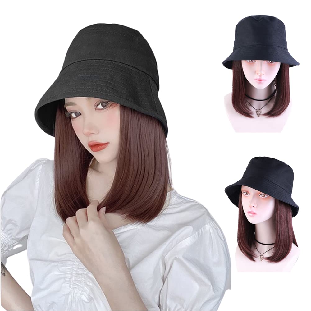 【送料無料】Airimori 帽子付きウィッグ レディース 襟足ウィッグ 毛付き帽子 バケットハット 小顔効果 ウィッグ セミロング ハーフウィッグ ストレート 髪付き帽子 取り外し可能 チョコブラウン