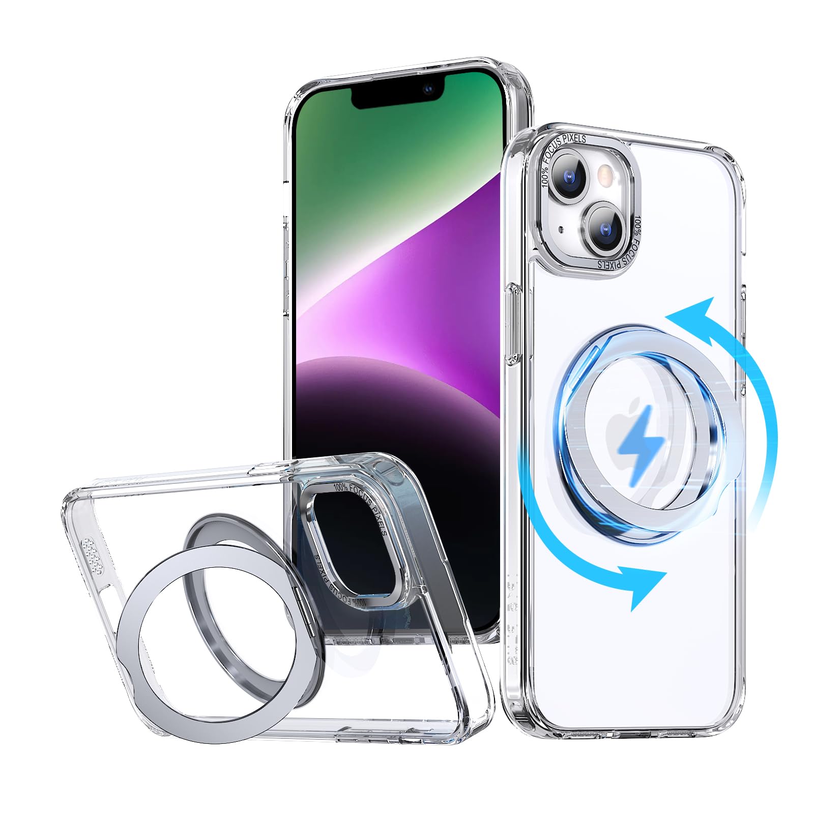 【送料無料】KWATUNG 互換品 iphone14 用 ケース magsafe対応 ワイヤレス充電 いphone14 用ケース 耐衝撃 iphone13 用スマホケース magsafe対応 360°回転スタンド 縦横両対応 アイフォン14 用スマホケース マグネット搭載 アイフォン13用カバー 米軍MIL規格 iphone 13