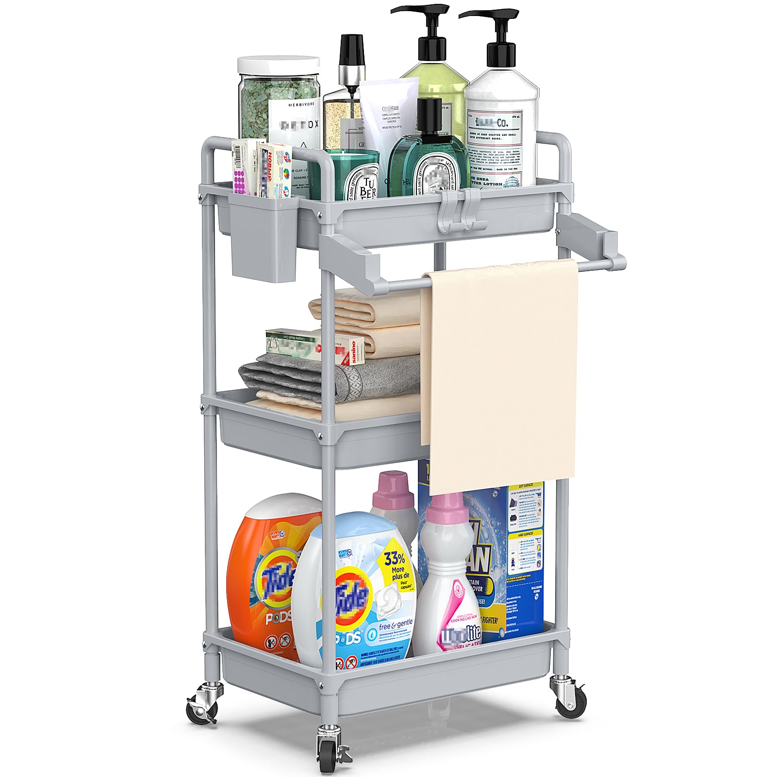 【送料無料】SPACEKEEPER キッチンワゴン [タオルラック付き] スリム 隙間収納 22cm 収納ラック キャスター付き 収納カート ローリングラック おしゃれ 調味料 食品 ペットボトル 小物 台所 洗面所 冷蔵庫横 3段 グレイ