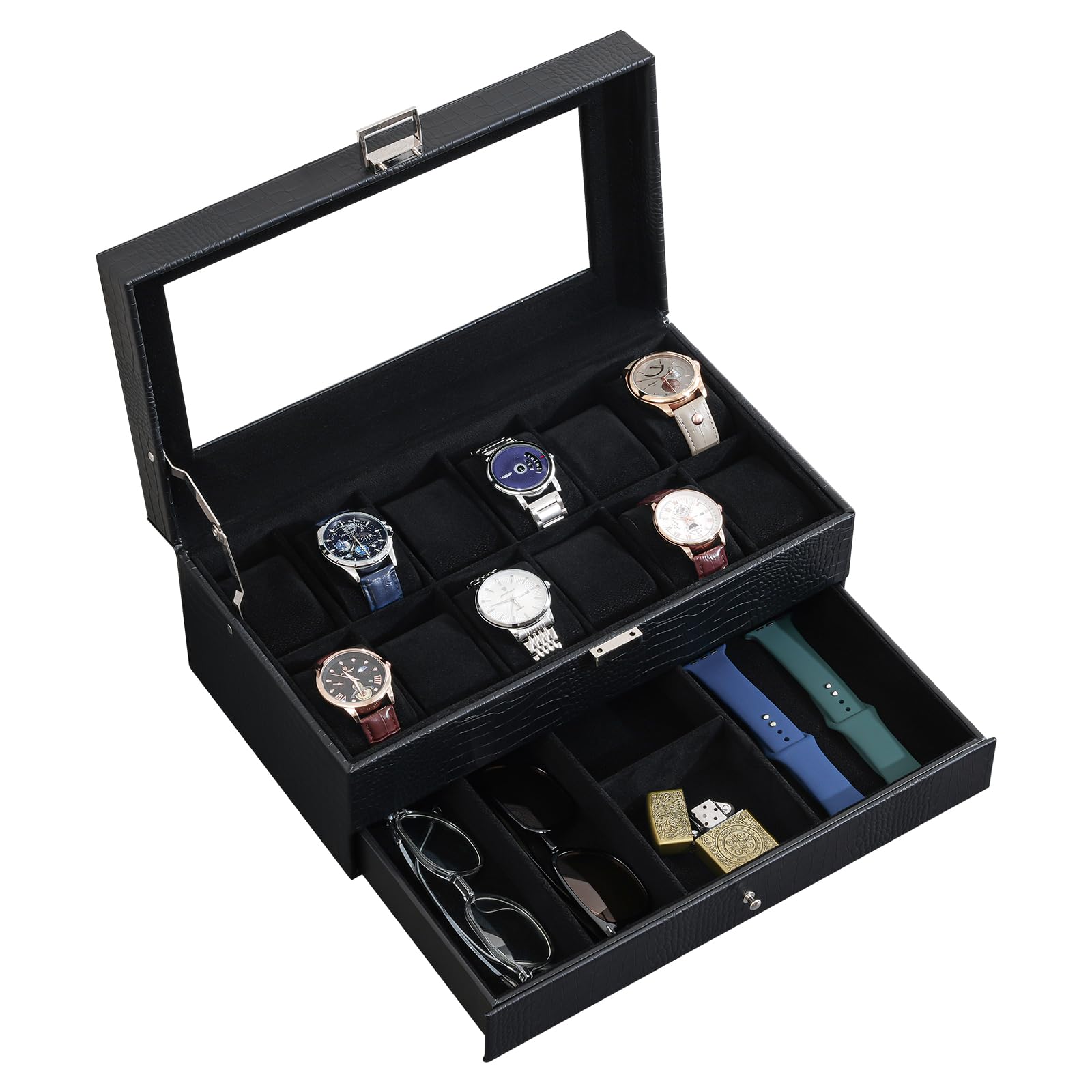 【送料無料】ProCase メンズウオッチボックス、引き出し付き12スロット腕時計ディスプレイケース、ガラス蓋付きメンズ腕時計ケース、2層ジュエリー収納ホルダーオーガナイザー