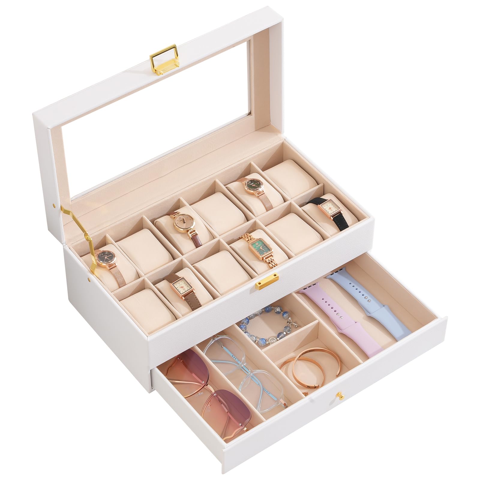 【送料無料】ProCase メンズウオッチボックス、引き出し付き12スロット腕時計ディスプレイケース、ガラス蓋付きメンズ腕時計ケース、2層ジュエリー収納ホルダーオーガナイザー