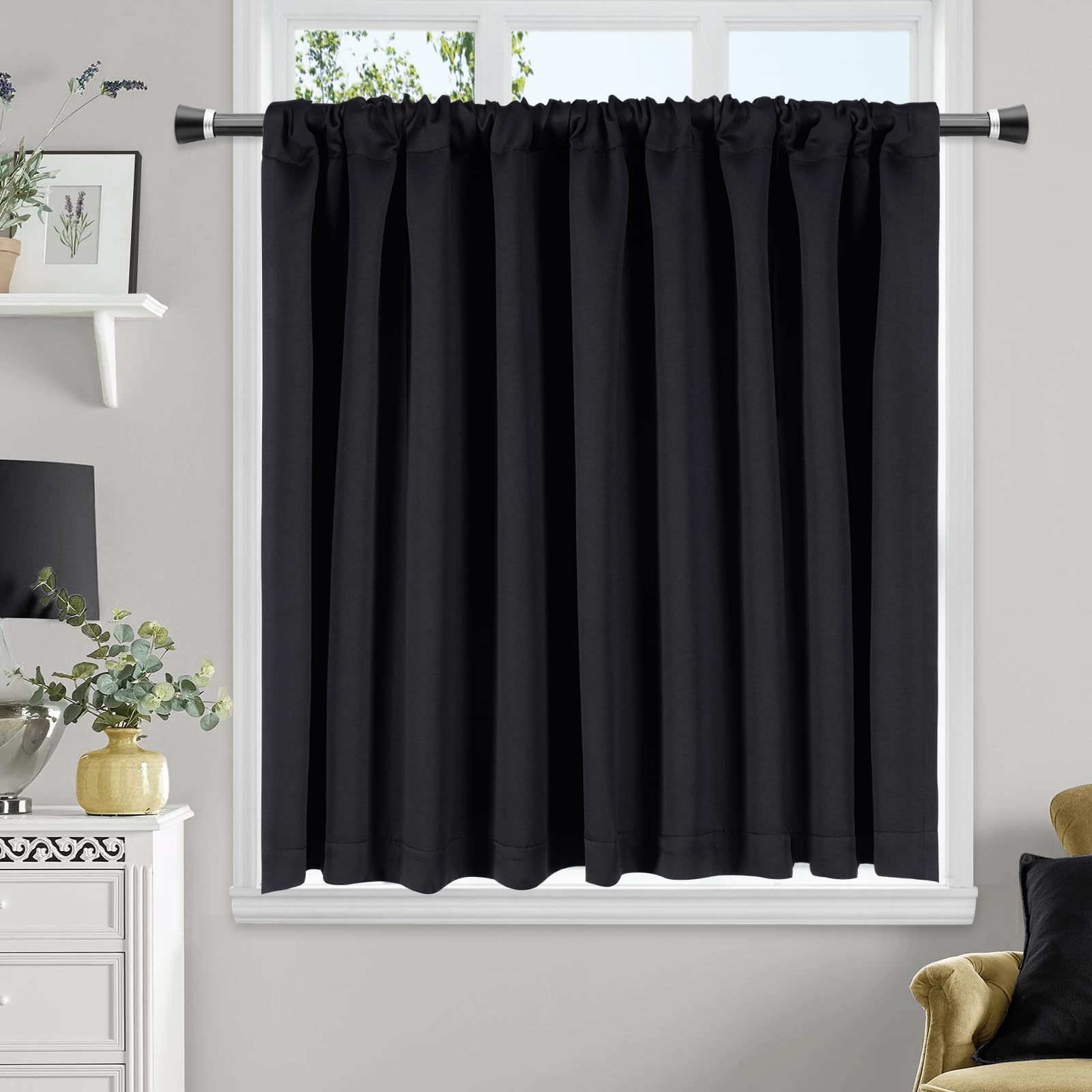 【送料無料】AooHome 遮光カーテン 小窓用 カフェカーテン 70cm丈 遮熱 断熱 1級遮光 ブラック 高密度布製 目隠し 無地 UVカット 防寒 保温 省エネ 洗える 間仕切り 厚手 キッチン 浴室 トレイ 子供部屋 廊下 1枚入