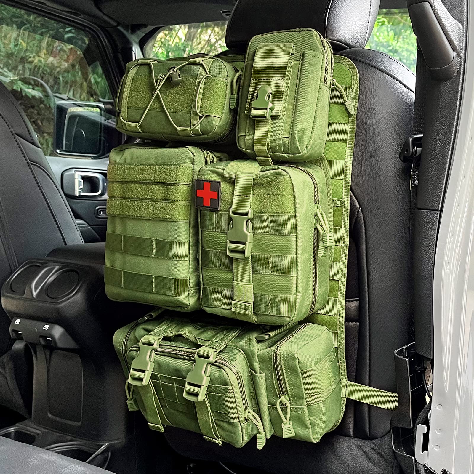 【送料無料】戦術的なカーシートバックオーガナイザー、アップグレードされた戦術的な車両パネルオーガナイザー、5つの取り外し可能なモールポーチ付き、ほとんどの車両にユニバーサルフィット(アーミーグリーン)