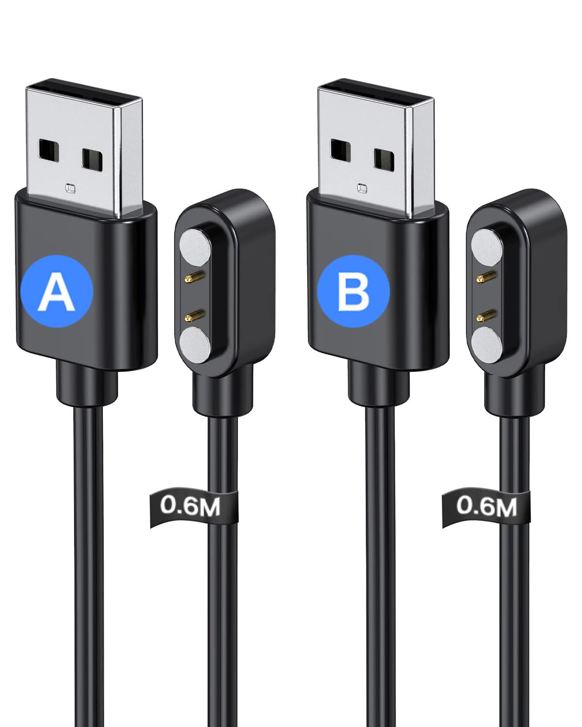 【送料無料】スマートウォッチ 充電ケーブル ピン間の距離 2.5mm対応 充電器 USB充電 汎用マグネット充電コード YAJOJO 磁気吸着 急速充電 高耐久 便利性 低発熱 軽量 小さい 持ち運びやすい チャージャー 旅行用 電極が逆のケーブル2本（Aタイプ+Bタイプ）【2本セット】