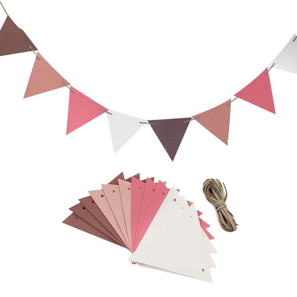 【送料無料】Flushbay 三角旗 ガーランド フラッグガーランド 防水PUレザー製 屋外用 誕生日 結婚式 キャンプ 運動会 文化祭 お 幼稚園 店舗 部屋飾り 写真小道具 約3m長 4色12枚フラッグ (ピンク)