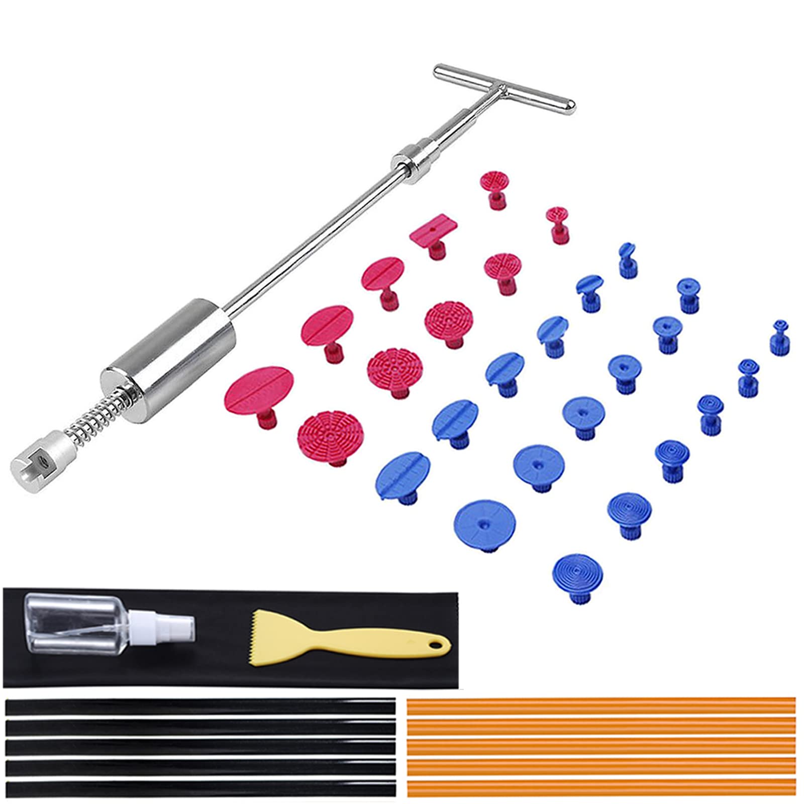 商品情報商品の説明主な仕様 包装内容：Tバーx1、タブx28、ホットメルト10pcs、シャベルx1cs、プラスチック瓶(空)x1、財布x1、 日本語作業指示書x1。メリット：1.早くて、綺麗で愛車の車体を修復します。2.無塗装の修理なので、オリジナルの塗装を守ります。3.パテを使わない、再塗装もしないので、環境にとっても良いです。修理工場の普通修理は数日間が掛かりますが、今はそなん必要がなく、自分で簡単に作業し、短時間で凹み直しが可能です。気になる凹みをパテも塗料も使わず簡単に補修が出来ます。愛車を綺麗に手入れします。応用範囲：車、バイクのボディ＆フェンダーの補修や、ドア、冷蔵庫、洗濯機などの凹み修理ができます。凹みの大きさによってタブを利用してください。注意事項：1.使用の際に、グル—ガンは別途購入が必要です；2.大き過ぎる凹み、小さすぎる凹み、鋭角についている凹み、プレスラインにかかっている凹み等に関しては修復不可な場合がございます。3.これはDIYの簡単作業で100％完全な修復をされないです。作業方法と個人的原因によって、修復効果も違います。