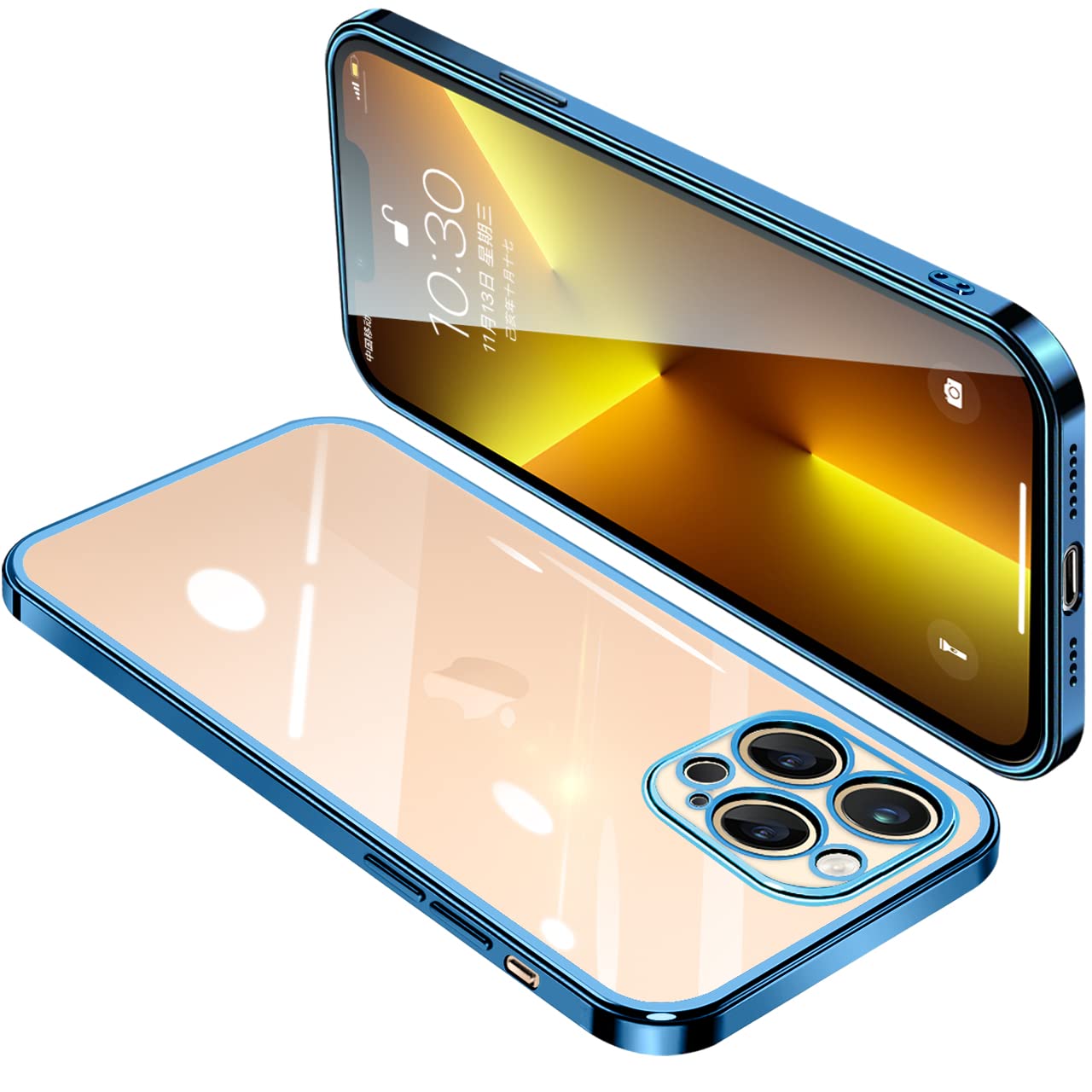 商品情報商品の説明主な仕様 【TPU素材】iPhone13ProMax(6.7インチ)スマートフォン専用保護カバー 。TPU素材を採用。柔軟性が高く着脱が簡単で変形しにくく、ベタつかず適度な柔らかさで触り心地が良い。ごiPhoneを傷から守れつつも、人や環境に優しいです。【透明で高品質な&黄変に強い】：酸化防止の特殊加工により黄変への耐性があり、長時間、透明度を保ちますにはストラップホールを搭載しているので、お好みのストラップをつけて、iPhoneをよりおしゃれに飾れます。【全面保護】カメラレンズの周りに段差をつけて擦り傷を防ぎます.スマホへの傷つけを防止します.また、カバーの各コーナーを強化し、衝撃を最小限に抑えます。平らな場所に置いても画面やケースの背面がおいた場所に触れることはなく、傷を最小限に抑えることができます。【メッキ加工+薄型軽量】ケースはメッキ加工で、高級感を演出します。と極薄なので、長く持っても手が疲れる感じもありません。ケースを付けてないような一体感は楽しめつつ、経年変形などの心配がありません。スタイリッシュなだけでなく、落下・傷・衝撃からiPhoneを保護し【フィット感満点】実機に基づいく精確なカットアウトによって、本体機能に影響せずに、本体の露出を可能な限り下げました。取り外し易くてベタつかずしっくり手に馴染み、持ち心地がすごく良い。ボタン部分に切り込みを入れることによって、押したときにケースが付かないようにすぐに反応できます。iPhone13ProMaxに従って精密設計され、端末にピッタリとフィットし、一体感がすごく格好いいです。