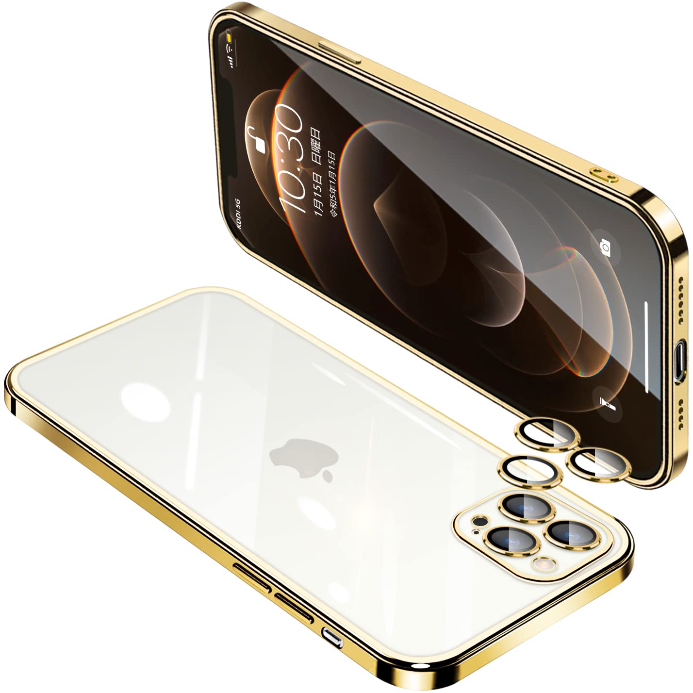 【送料無料】IPhone12 Pro ケース クリア アイフォン12Pro レンズ保護 カバー 耐衝撃 透明 スマホケース 全面保護 軽量 メッキ加工 TPU 薄型 ストラップホール付き 滑り止め 落下防止 6.1インチ（ゴールド）