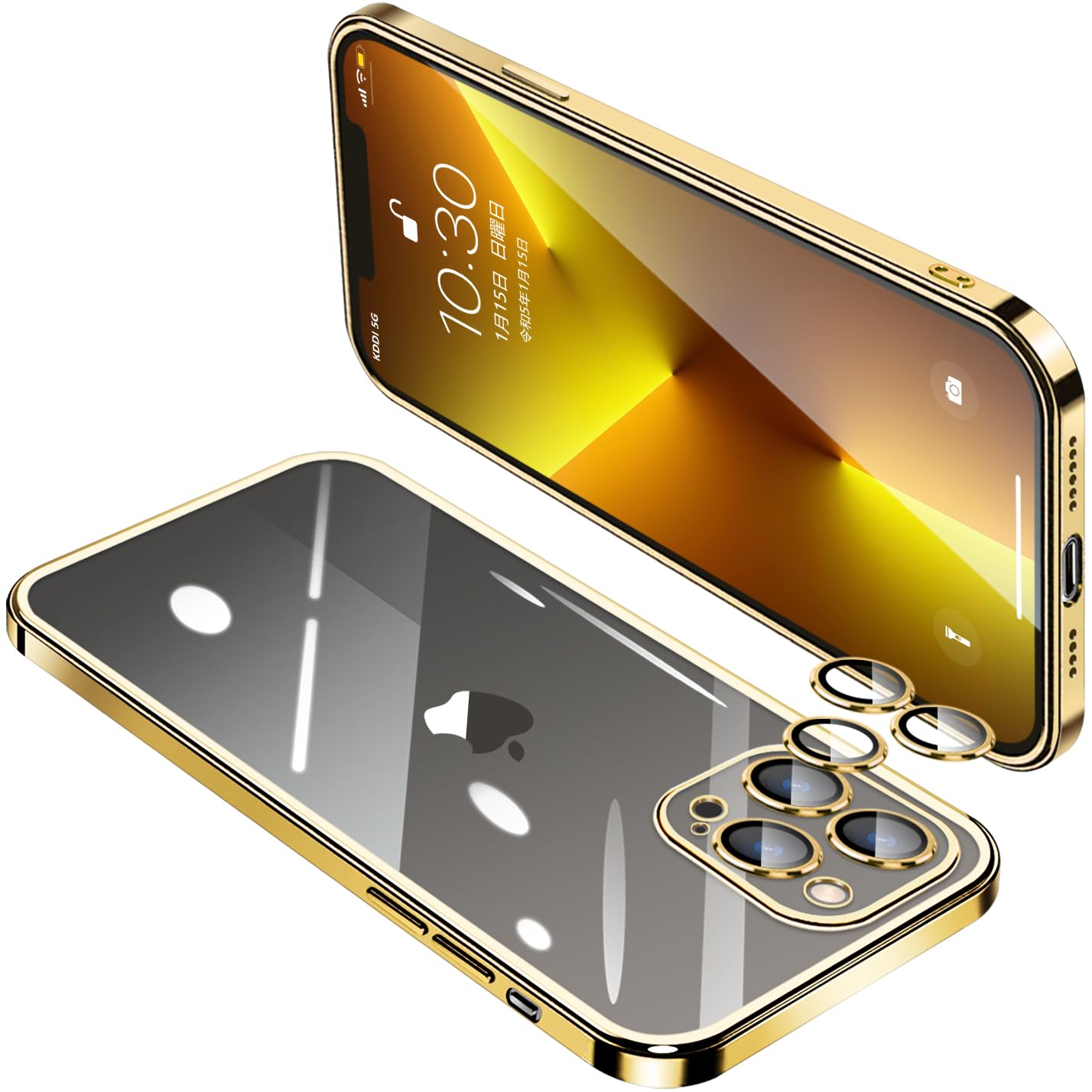 【送料無料】IPhone13 Pro ケース クリア アイフォン13Pro レンズ保護 カバー 耐衝撃 透明 スマホケース 全面保護 軽量 メッキ加工 TPU 薄型 ストラップホール付き 滑り止め 落下防止 6.1インチ(ゴールド)