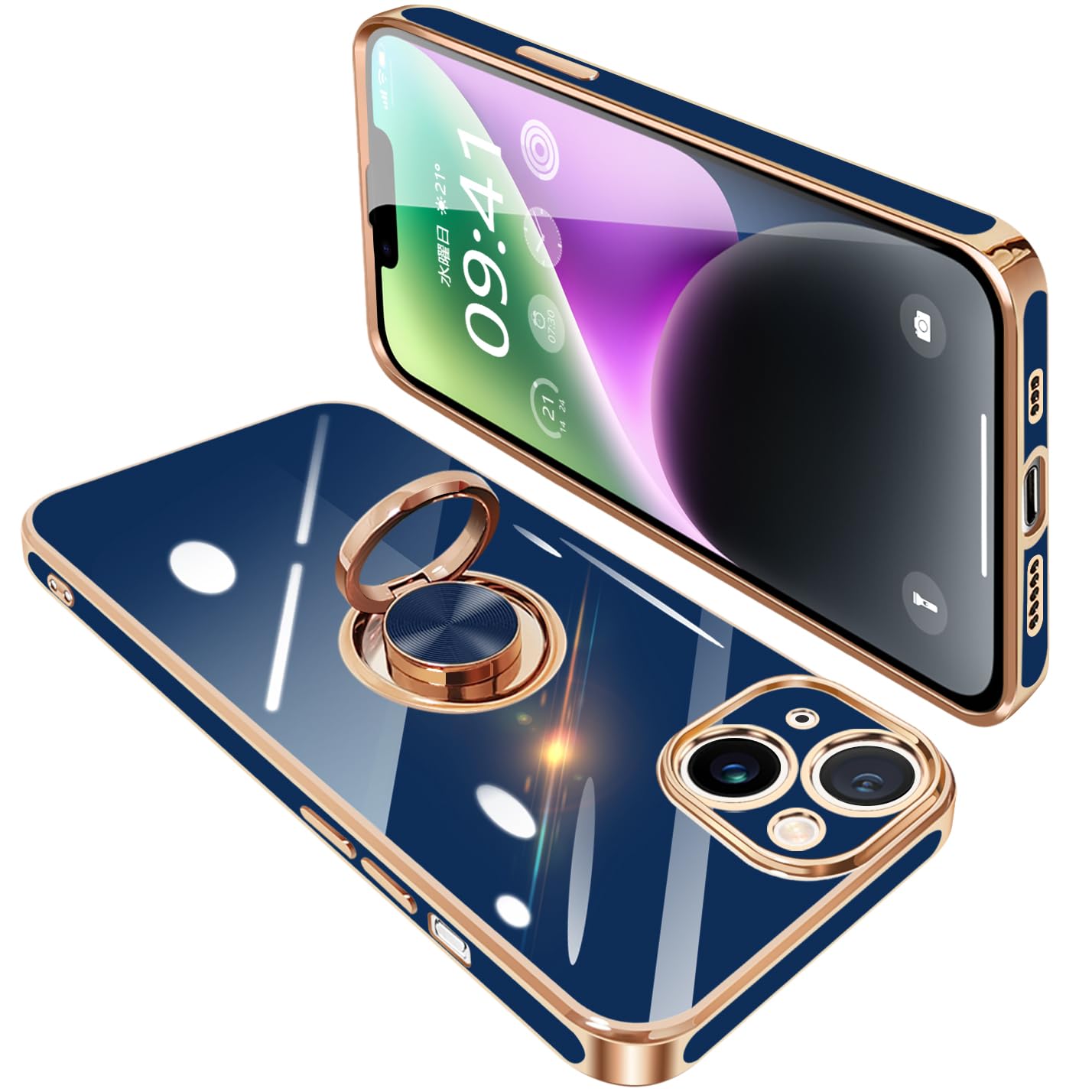 【送料無料】iPhone14 ケース リング付き アイフォン14 リング カバー 耐衝撃 TPU 360°回転 スタンド機能 メッキ加工 車載ホルダー ストラップホール付き 6.1インチ（ブルー）