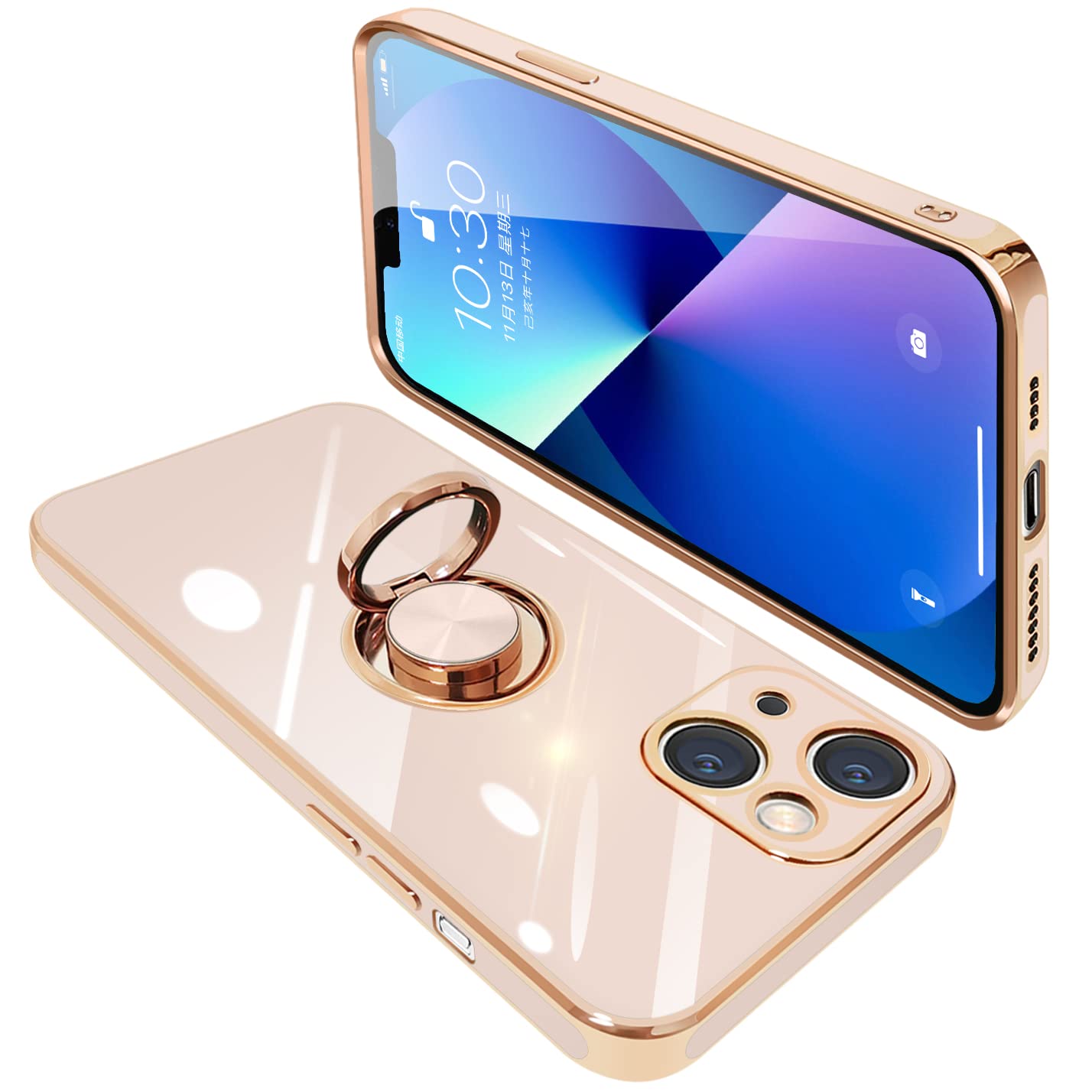 【送料無料】iPhone13 ケース リング付き アイフォン13 リング カバー 耐衝撃 TPU メッキ加工 360°回転 スタンド機能 車載ホルダー ストラップホール付き 6.1インチ（ピンク）