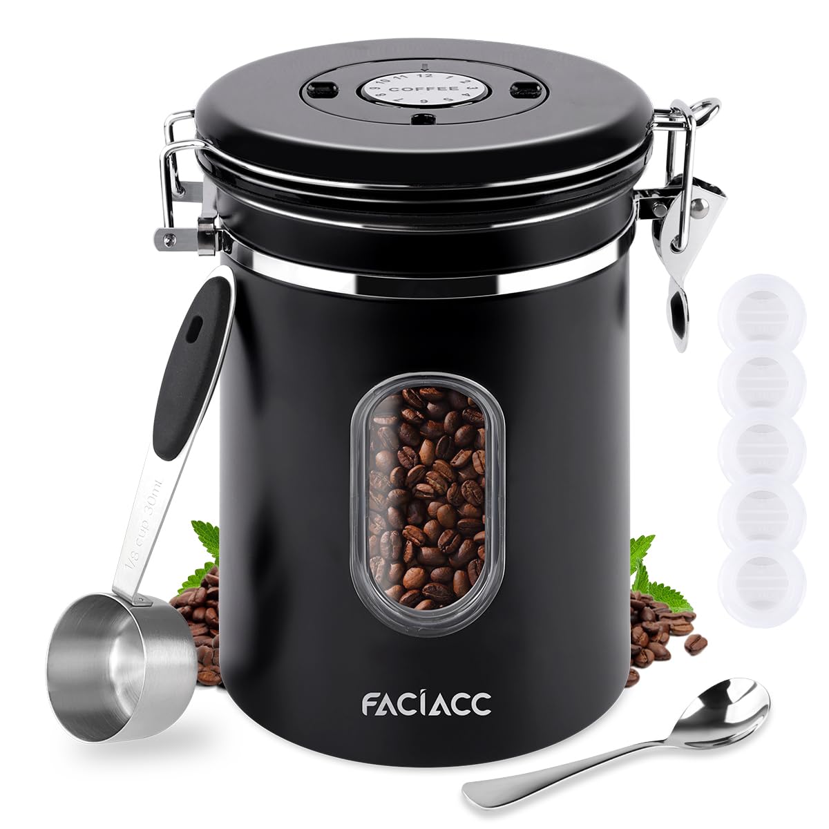 【送料無料】FACIACC コーヒーキャニスター 1800ML コーヒー豆密封缶 密閉式コーヒー缶 ステンレス密閉タンク 大容量 日付表示ダイヤル 排気バルブ&計量スプーン付き コーヒー豆保存容器缶 コーヒー密閉容器 食品保存容器 茶筒 お菓子 糖 香料 防湿保存缶 丸型 鮮度保持