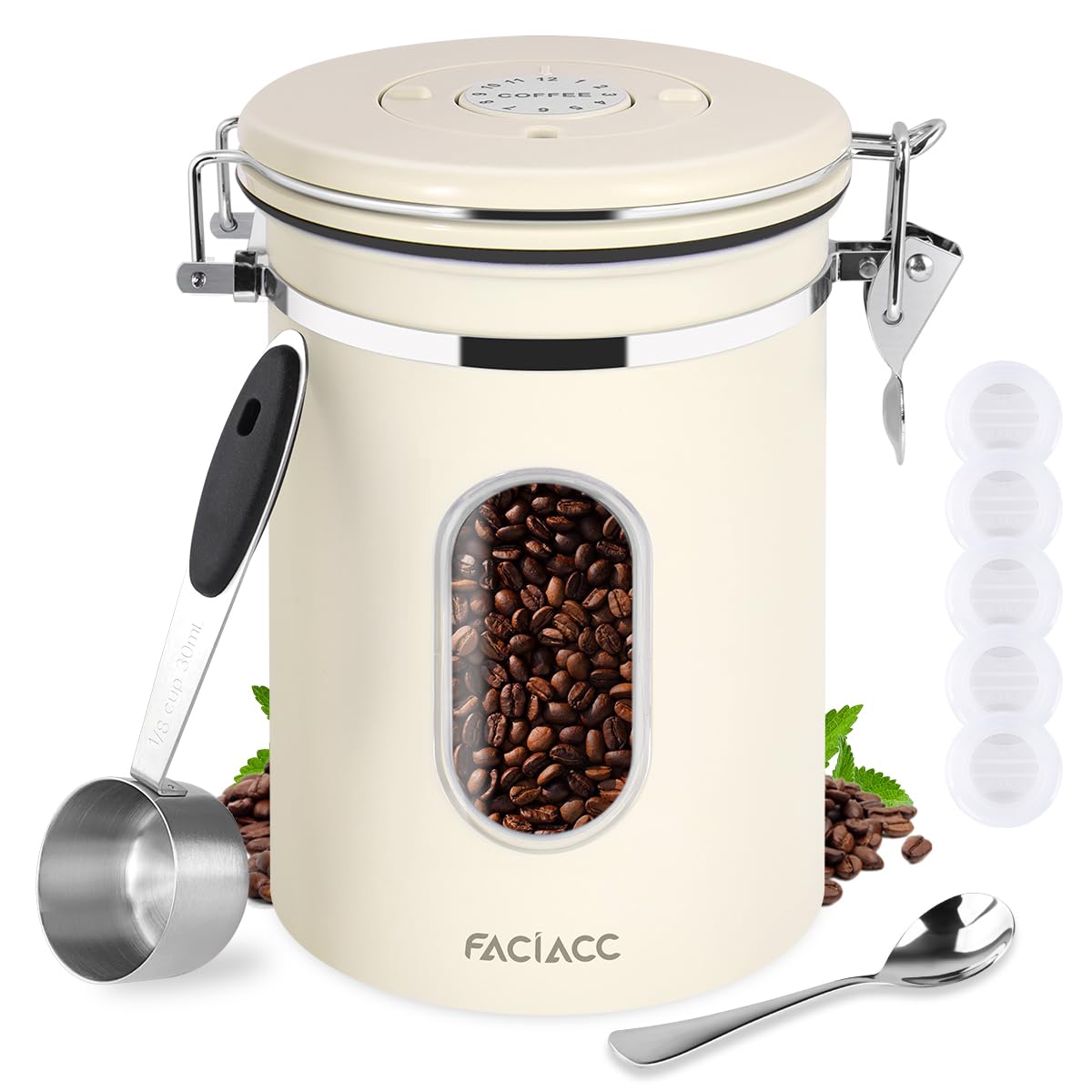 【送料無料】FACIACC コーヒーキャニスター 1800ML コーヒー豆密封缶 密閉式コーヒー缶 ステンレス密閉タンク 大容量 日付表示ダイヤル 排気バルブ&計量スプーン付き コーヒー豆保存容器缶 密封容器 食品保存容器 茶筒 お菓子 糖 香料 防湿保存缶 丸型 鮮度保持 酸化防止