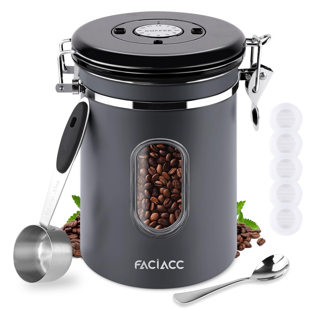 【送料無料】FACIACC コーヒーキャニスター 1800ML コーヒー豆密封缶 密閉式コーヒー缶 ステンレス密閉タンク 大容量 日付表示ダイヤル 排気バルブ&計量スプーン付き コーヒー豆保存容器缶 密封容器 食品保存容器 茶筒 お菓子 糖 香料 防湿保存缶 丸型 鮮度保持 酸化防止