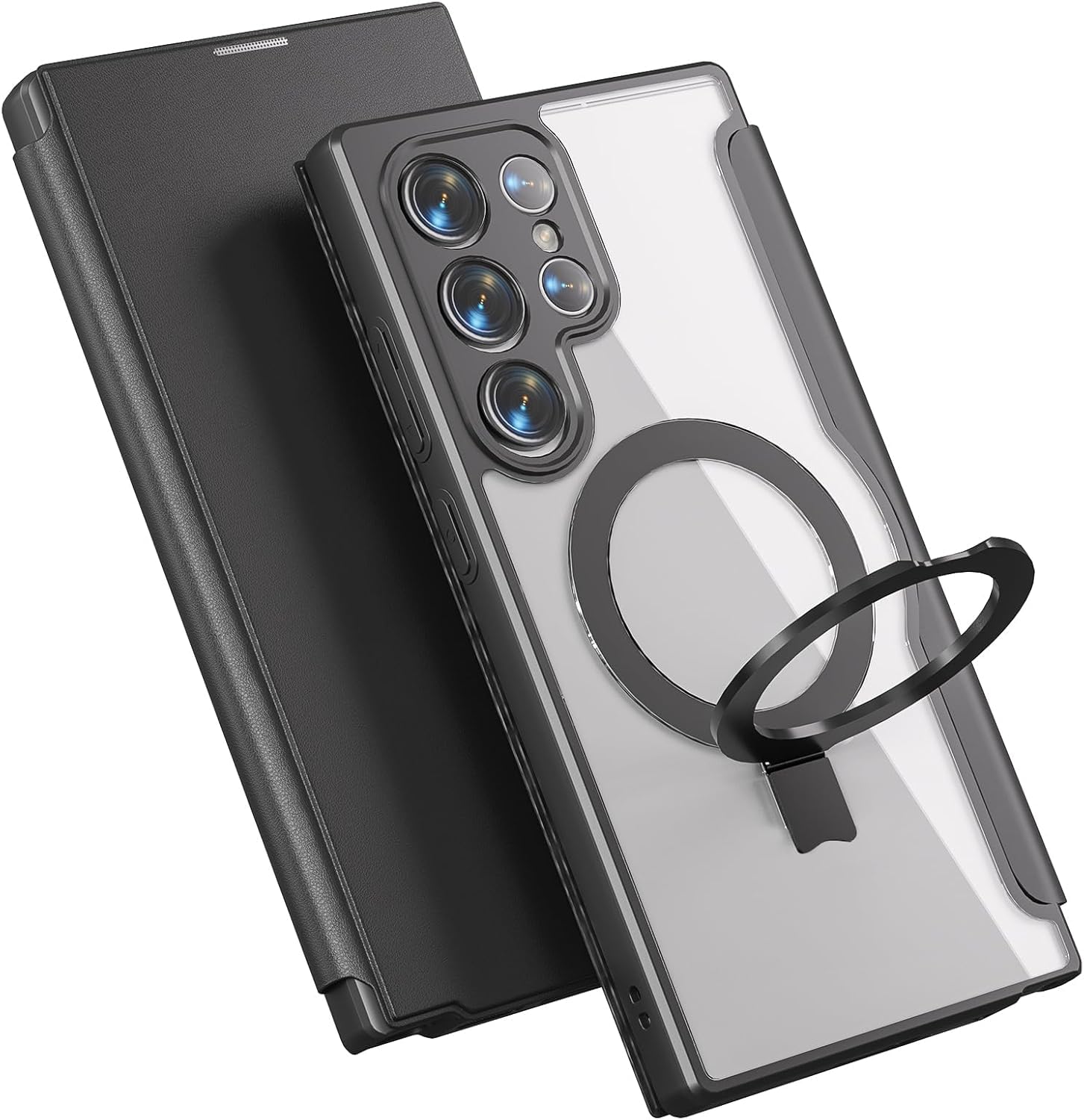 【送料無料】smhokesu 【Magsafe対応 多機能スタンド】Galaxy S25 Ultra 用 ケース 手帳型 MagSafe対応 ギャラクシーs25 ultra ケースリング＆スタンド切り替え ワイヤレス充電対応 カード収納1枚 マグネット式 背面透明PU カメラ保護カバー レザー 耐衝撃 全面保護 Gal