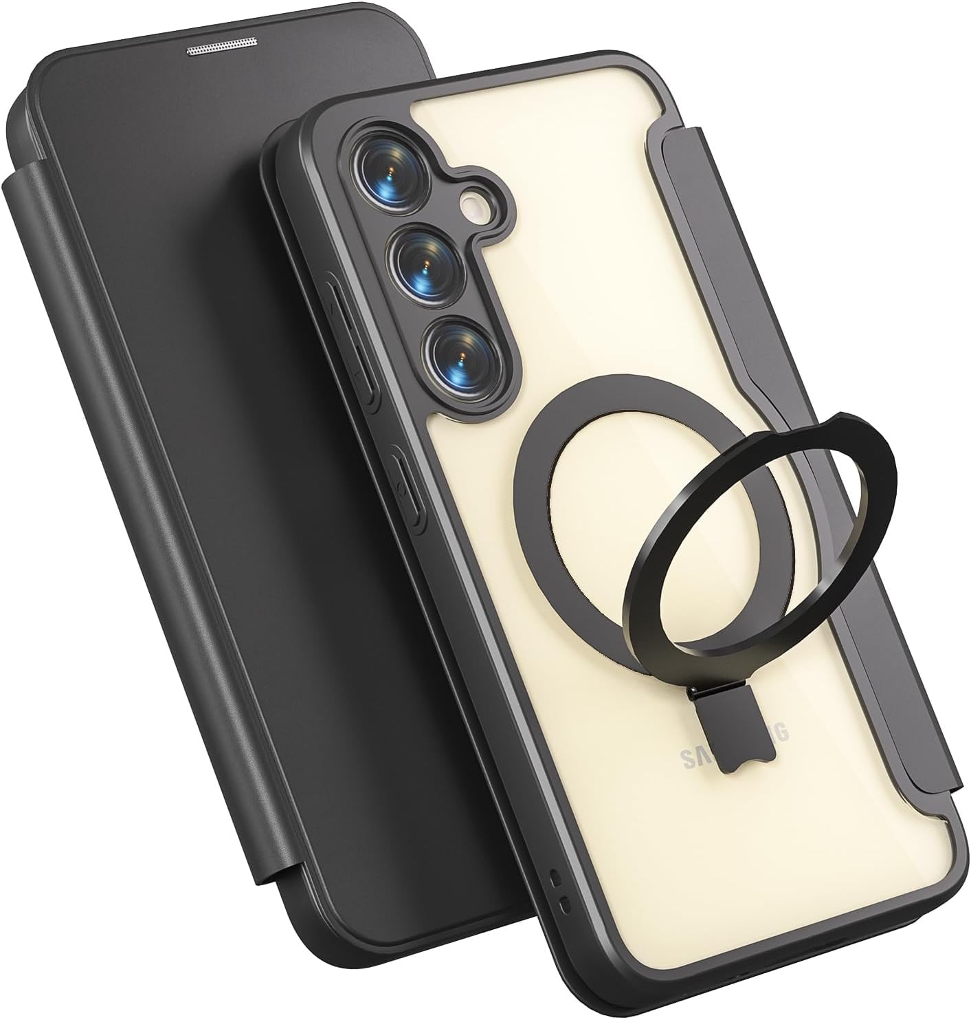 【送料無料】smhokesu 【Magsafe対応 多機能スタンド】Galaxy S25 用 ケース 手帳型 MagSafe対応 ギャラクシーs24 ケース リング＆スタンド切り替え ワイヤレス充電対応 カード収納1枚 マグネット式 背面透明PU カメラ保護カバー レザー 耐衝撃 全面保護 Galaxy S25 用