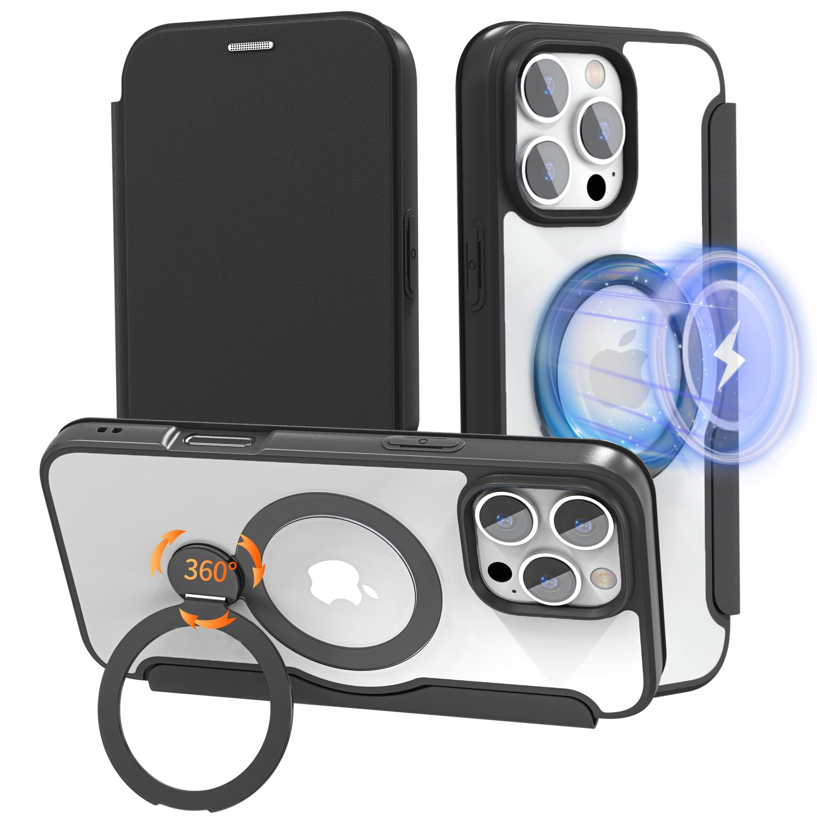 【送料無料】【クリア仕様の手帳型・360°回転スタンド】smhokesu iPhone 16 Pro 用 ケース カード収納 MagSafe対応 リング付き 縦横両対応 クリア仕様を引き継いだ手帳型 レザー素材 軽い 薄型 耐衝撃いphone16 Pro スマホケース 全面保護 アイフォン16 Pro 携帯カバー