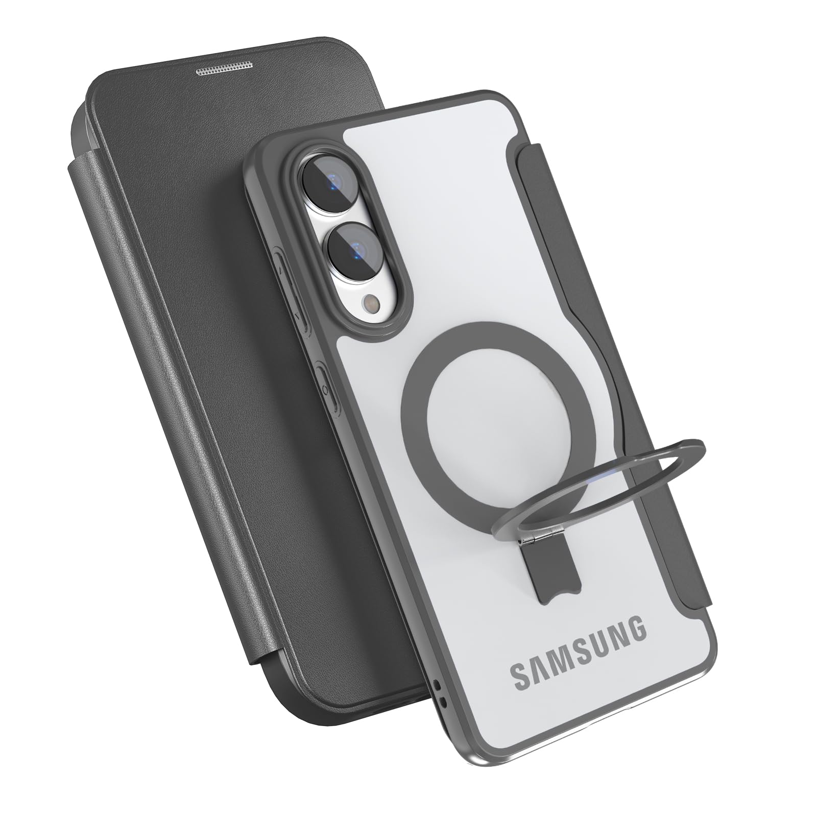 【送料無料】smhokesu 【Magsafe対応 多機能スタンド】Galaxy S25 Edge 用 ケース 手帳型 MagSafe対応 ギャラクシーS25Edge カバー リング＆スタンド切り替え ワイヤレス充電対応 カード収納2枚 マグネット式 背面透明PU カメラ保護 レザー 耐衝撃 全面保護 6.7インチ用