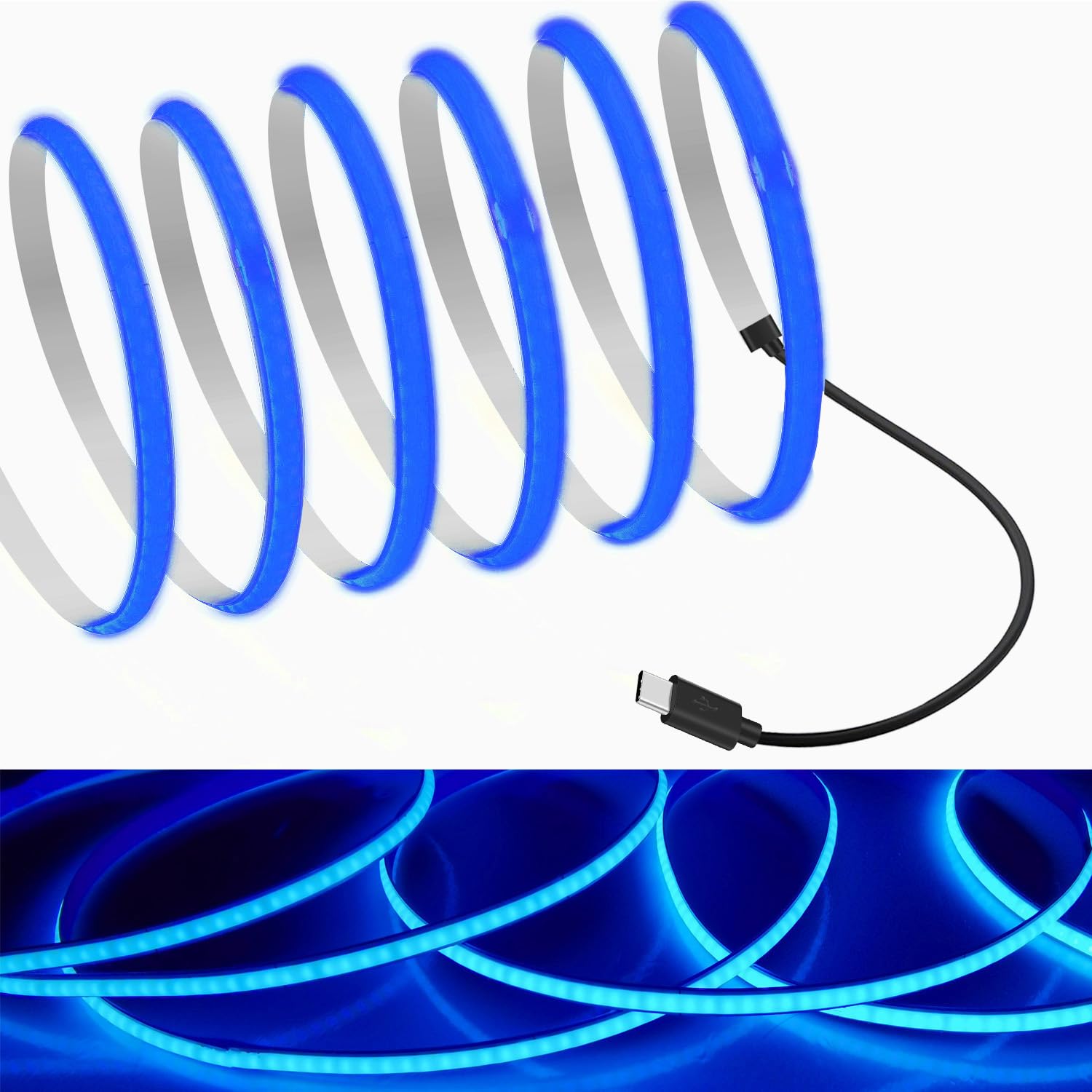 楽天White Wings【送料無料】RYE COB テープライト0.5m ブルー 5V TYPE C 接続ケーブルLEDストリップライト 5mm幅フレキシブル 高密度 LEDライトテープ 320LEDs/m 180°発光CRI=90 両面テープ変形可能 切断可能 デスク、PC、テレビ、ゲーム用アンビエントデコレーションライト寝室 キッ