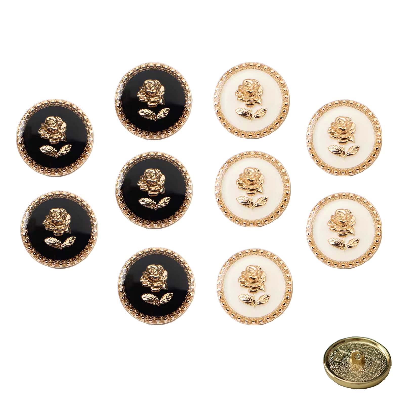 【送料無料】WIICOYK レディース ボタン ローズ柄 黒 白 ボタン ゴールド縁 シャネル風 飾りボタン 洋服 コート用 交換 修理 エレガントな薔薇模様 DIY用品 手作り アクセサリーパーツ 工芸品 チャーム 17mm または 22mm 6個セット(黒-17mmx5個+白-17mmx5個 入り)