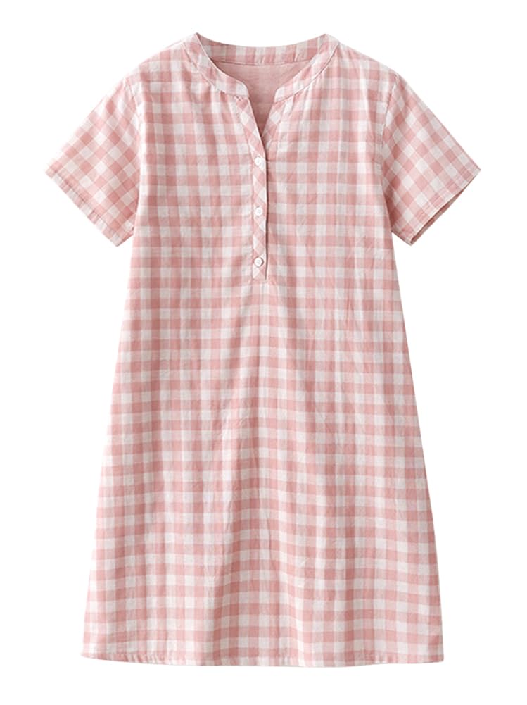 【送料無料】[Euyqs] レディース 半袖 前開き 綿 ダブルガーゼ 通気 スキンタッチ 柔らかい 肌に優しい 可愛い ルームワンピース ネグリジェ パジャマ (L, チェックピンク)