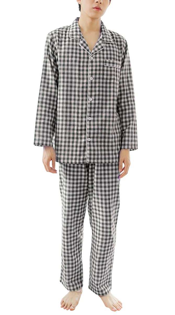 【送料無料】[Euyqs] メンズ パジャマ 綿 二重ガーゼ ルームウェア ペア 夫婦 (XXL, グレンチェック・ブラック/メンズ)