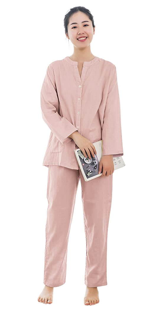 【送料無料】[Euyqs] パジャマ レディース 長袖 綿 ルームウェア 二重ガーゼ 部屋着 上下セット 肌に優しい 吸汗 春・夏・秋・冬用 (ピンク, S)