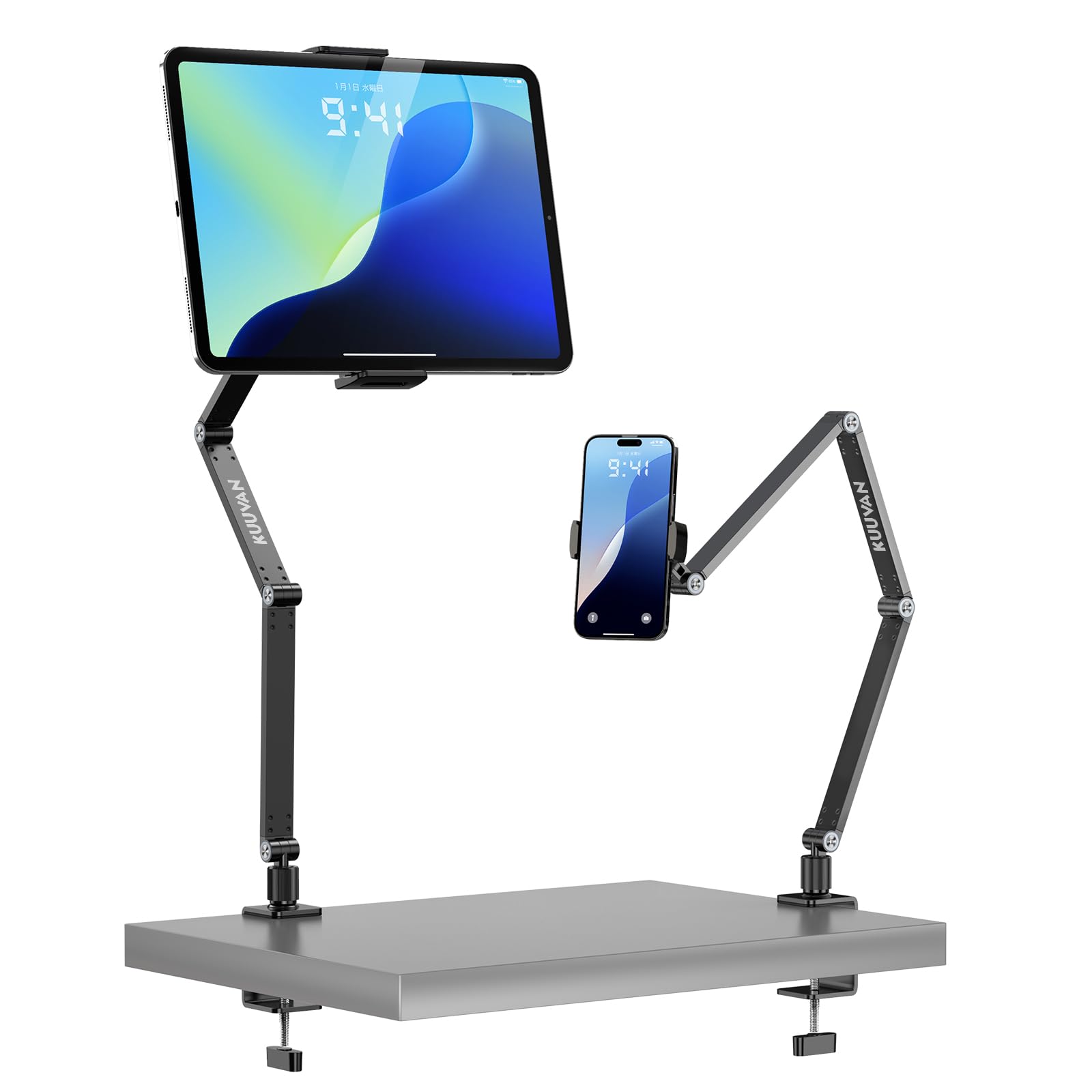 【送料無料】KUUVAN タブレット アーム モバイルモニタースタンド 4軸自由調整 アルミ製 4.7-17.3インチ対応 耐荷重1.5kg 広範囲可動 俯瞰撮影 折りたたみ 省スペース スマホ/タブレット/15.6型,17.3型モバイルモニタ対応