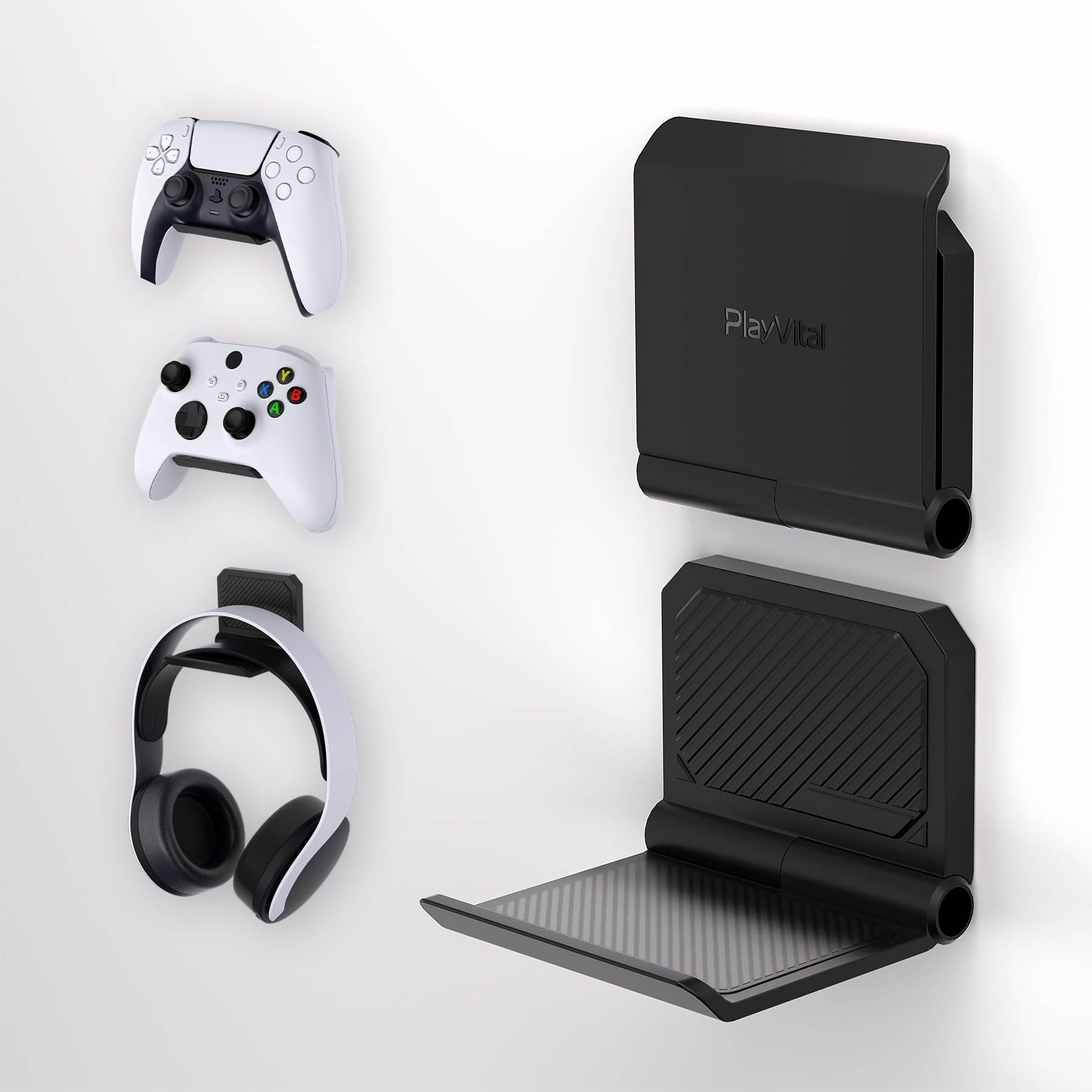 【送料無料】PlayVital FOLD ps5/ps4コントローラー用ウォールマウントスタンド、Xboxシリーズ X/S、Switch Pro 用折りたたみ式ウォールスタンド、ゲーミングヘッドセットスタンド、XboxワイヤレスヘッドセットやPulse 3Dヘッドセット用ウォールホルダー【ブラック-2セッ