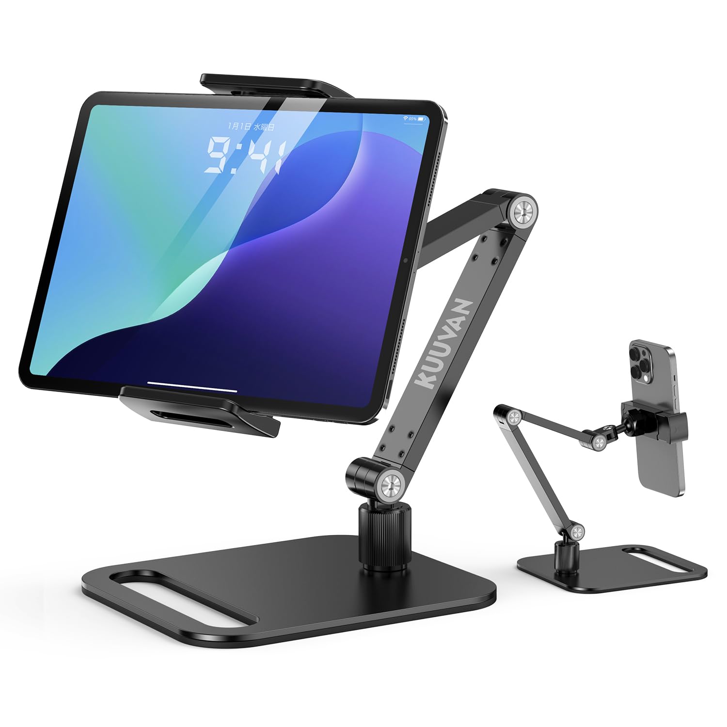 【送料無料】KUUVAN タブレット スタンド 卓上 iPad アーム アルミ製 4.7-17.3インチ対応 耐荷重1.5キロ 金属ジョイント スマホ俯瞰撮影 角度無段階 スマホ/タブレット/15.6型,17.3型モバイルモニタ対応 ブラック