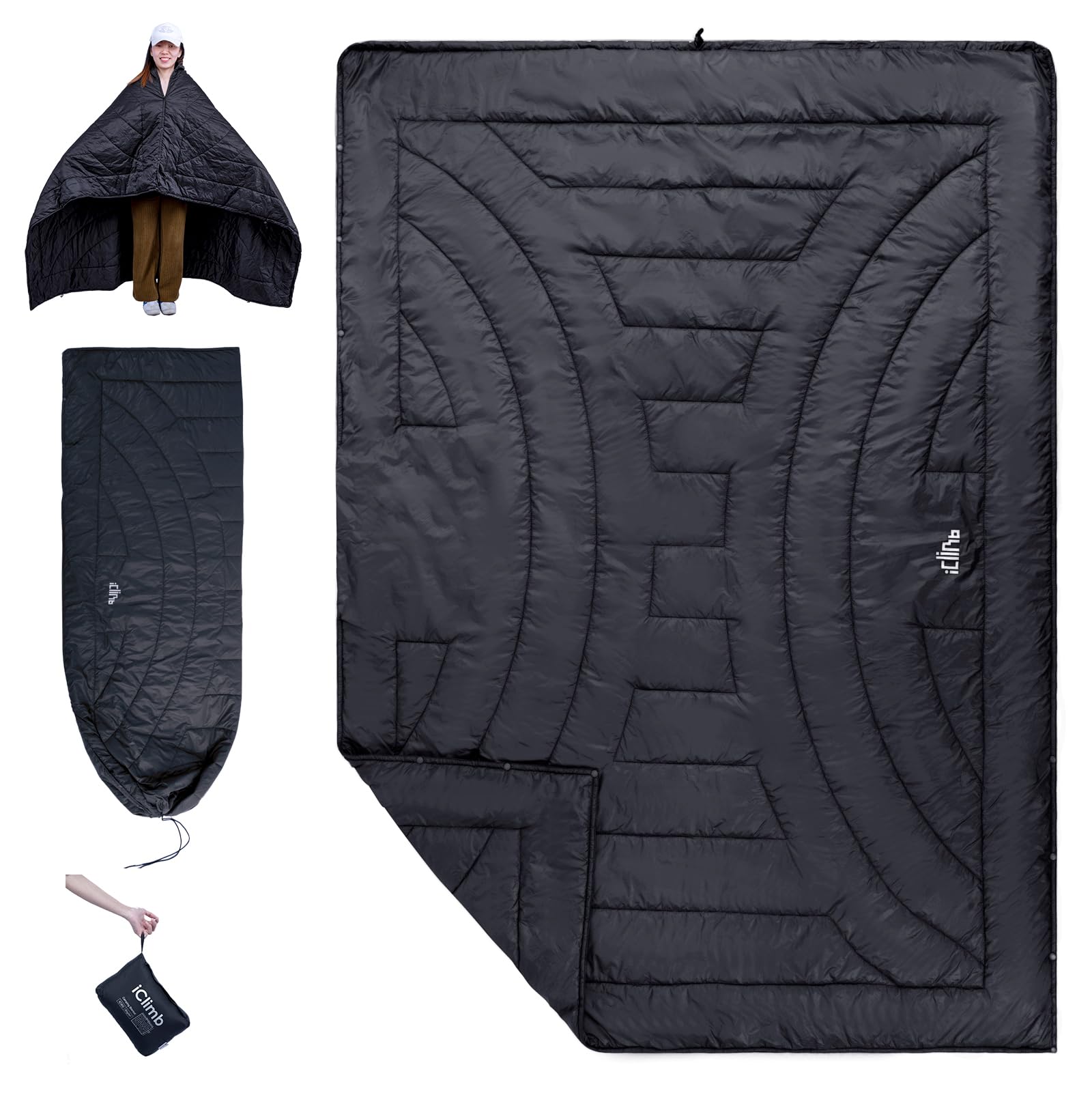 【送料無料】【iClimb (アィクライム)】キャンプブランケット ★収納袋一体化 0.45kg超軽量 コンパクト携帯便利 ★多用途 キルト ひざ掛け 肩掛け ポンチョ 簡易寝袋 寝袋ライナー ★キャンプ 旅行 出張 ホテル 機内 夜バス 朝通勤 車中泊 オフィス 自宅 防寒 クーラー