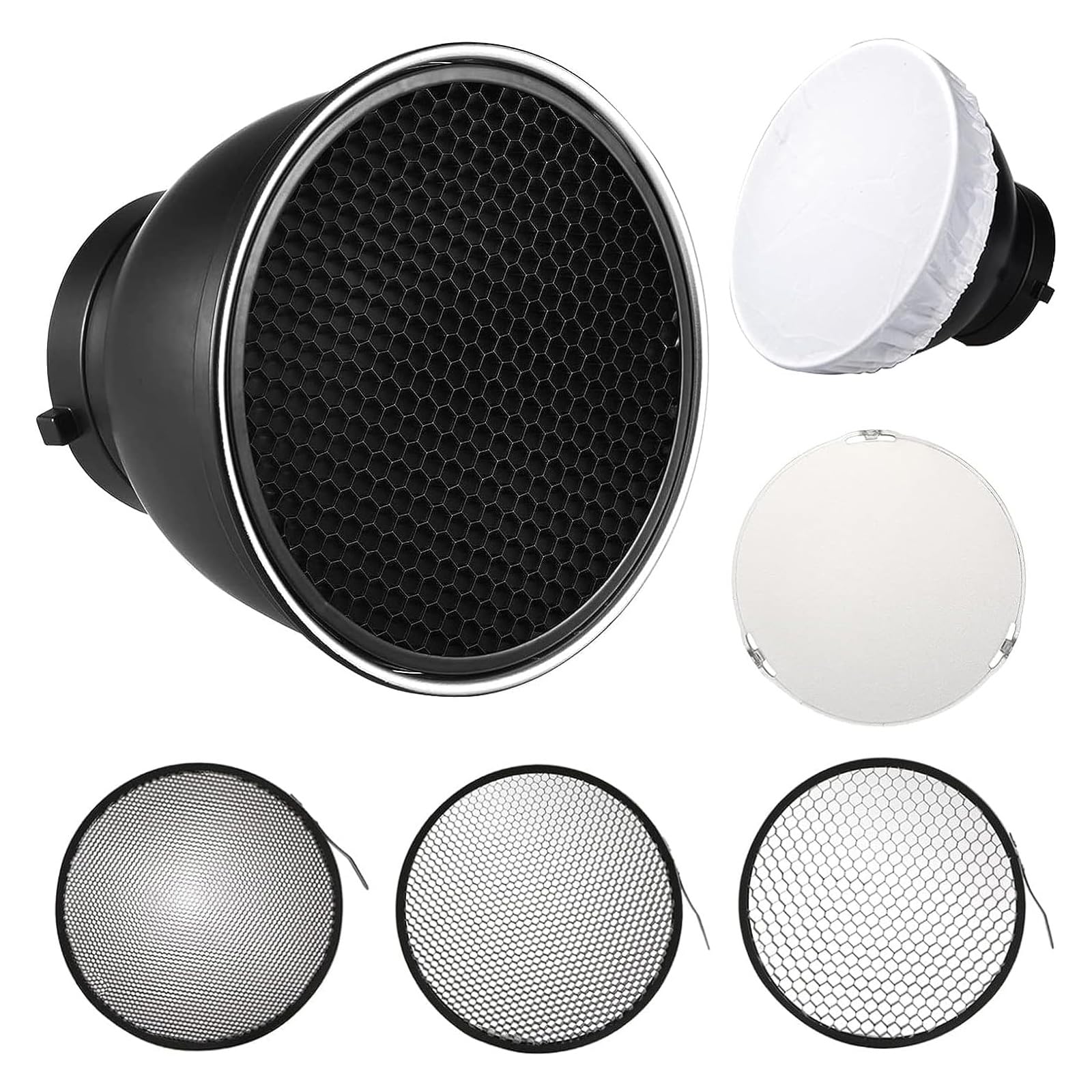 【送料無料】SOONPHO 7インチ 18センチ 標準リフレクター セット 20° 40° 60° ハニカムグリッド 3枚付 白いソフト布 ガラスプレート ディ...