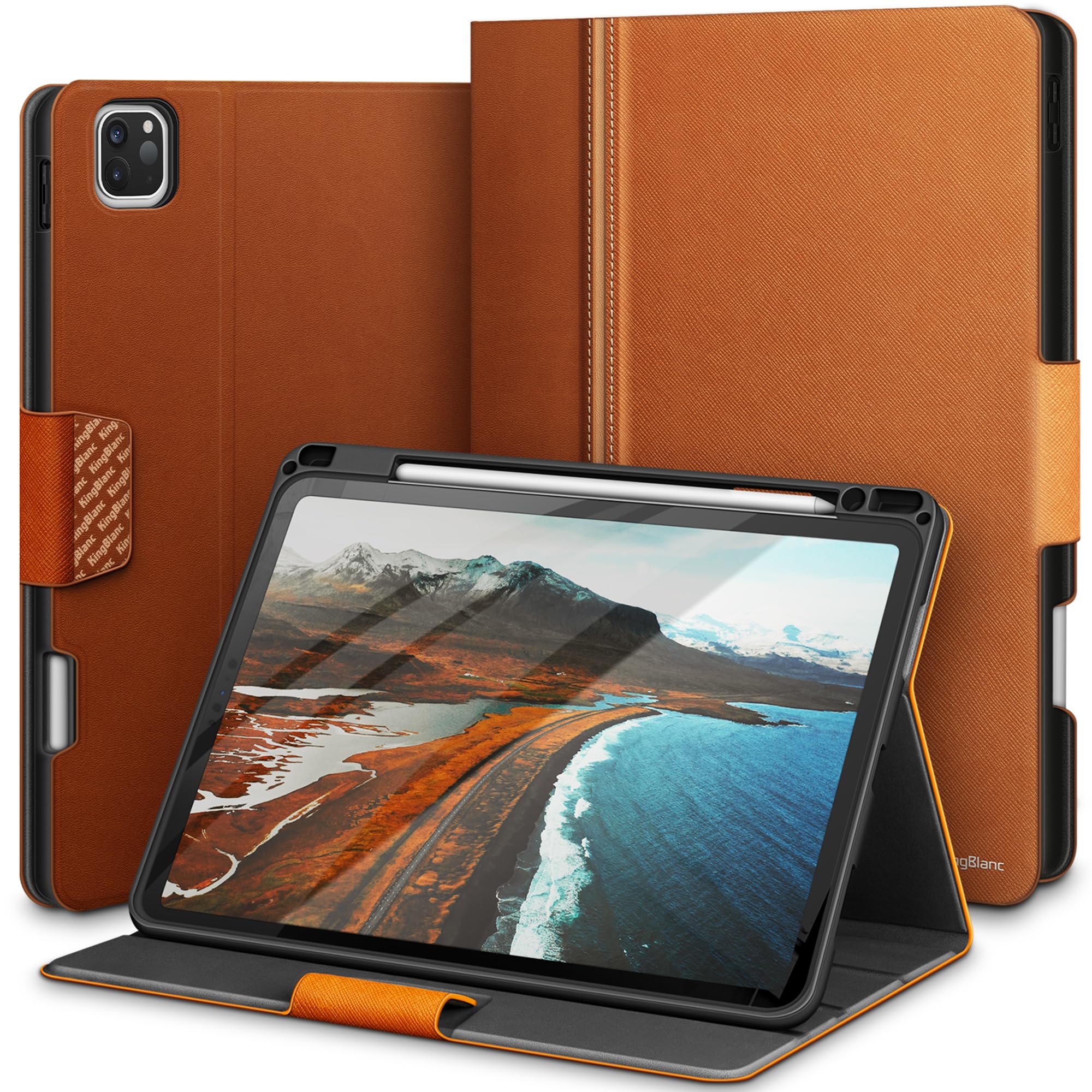 【送料無料】KingBlanc iPad Pro 12.9 インチ ケース 第6/5/4/3世代(2022/2021/2020/2018モデル) Apple Pencil 2の充電対応 高級PUレザー 手書き角度 全面保護 傷つけ防止 スマートカバー, ブラウン