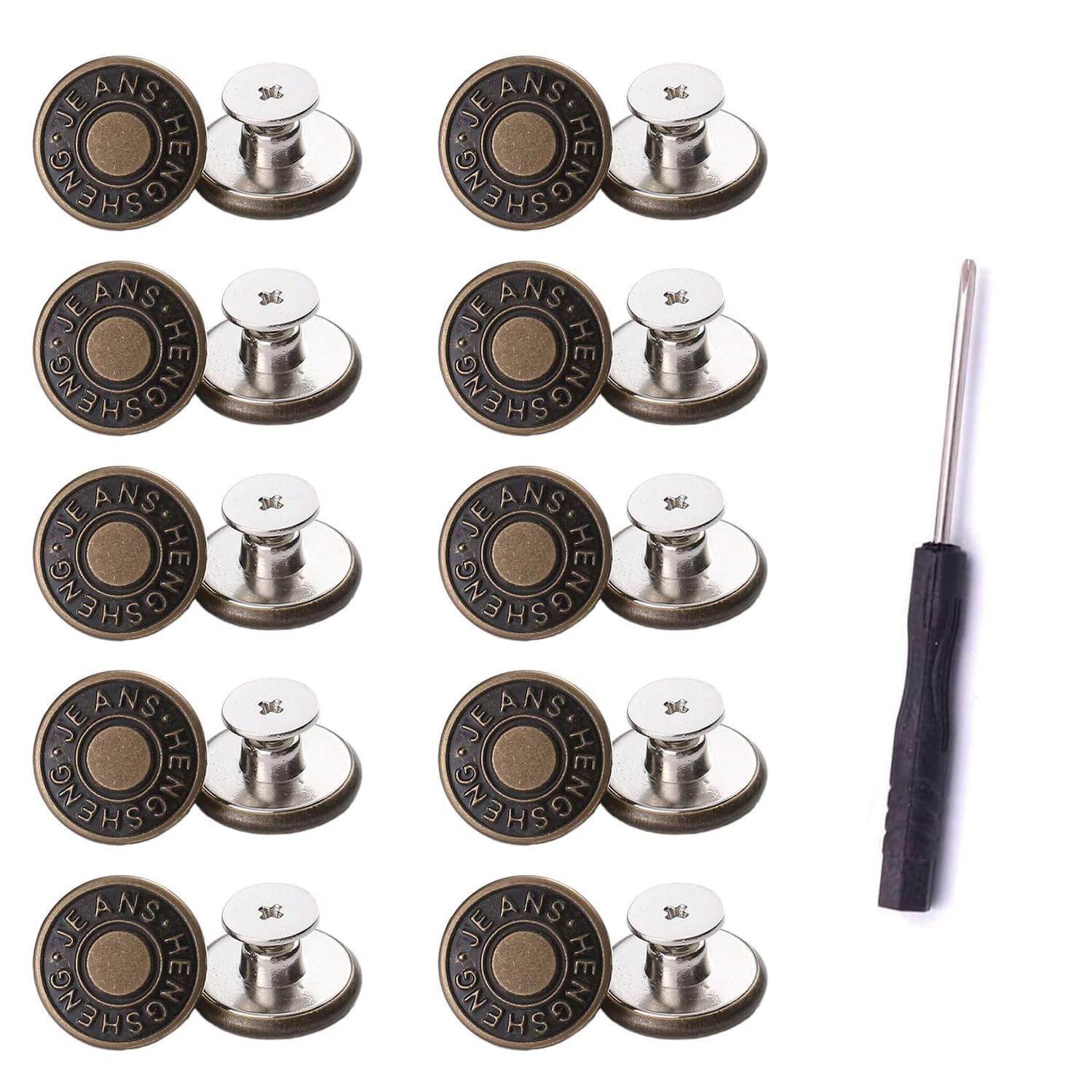 【送料無料】YINKE ジーンズ 調整ボタン 10個セット ジーンズボタン ジーンズにぴったり ピン 金属ジーンズ 簡単取付け DIY 手作り 延長と縮小可能 専用ドライバー付き (銅色)