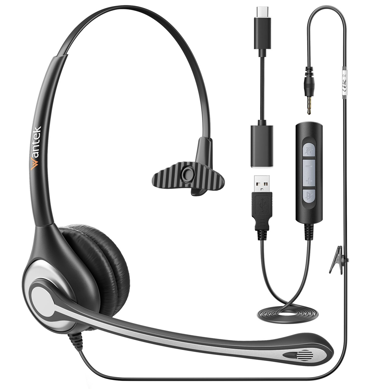 【送料無料】WantekヘッドセットUSB TypeC 3.5mm 片耳 ノイズキャンセリングマイク付きとオンライン制御 有線 PC用ヘッドホン Web会議、Skype、オフィス、在宅勤務、業務用、リモートワーク、コールセンターに適用 クリアな通話 超軽量 超快適 TypeC接続線付き 【適格請