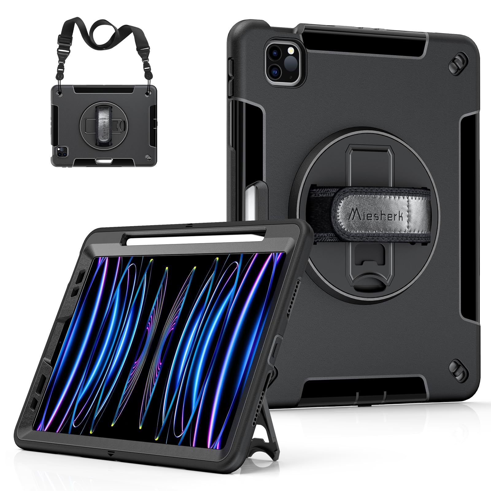 【送料無料】Miesherk iPad Air 第5世代 ケース 第4世代 ケース 10.9 インチに対応 ipad pro 11インチ 第4/3/2世代に通用 保護カバー 耐衝撃 丈夫 防塵 360°回転スタンド 精密カット ペン収納 ハンド＆ショルダーストラップ 仕事 現場 子供に対応