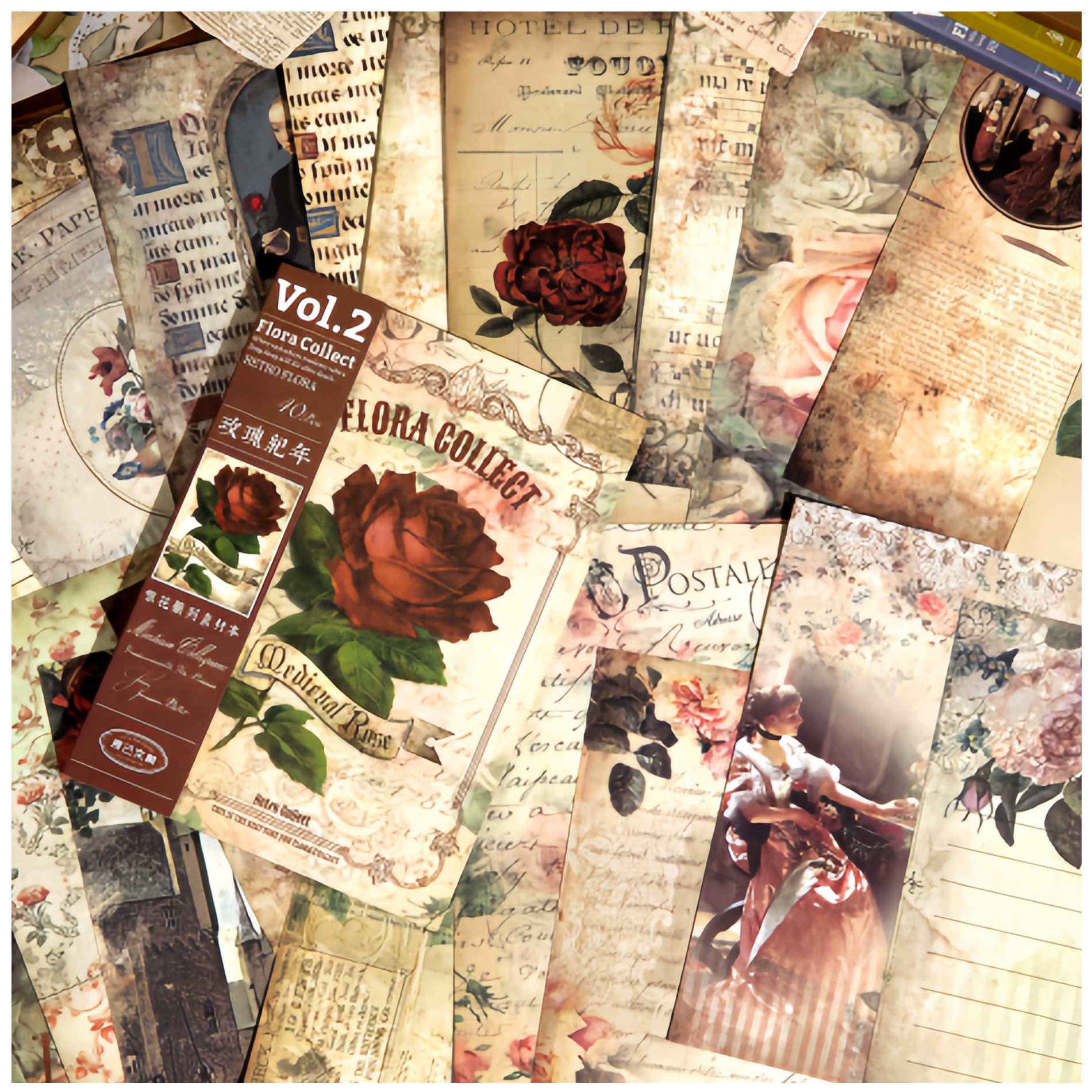 【送料無料】コラージュ 素材 デザインペーパー 詰め合わせ Arpaper シール レトロ 両面印刷 素材紙 背景紙 紙もの ペーパー おしゃれ かわいい 40枚セット ヴィンテージ クラシック アンティーク 花 英字 女の子 バラ（バラの紀年2）