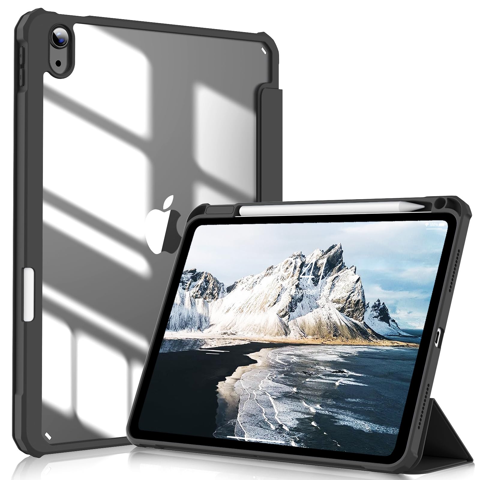 【送料無料】KenKe iPad (A16) 11世代 ケース (11インチ、2025モデル) iPad 第10世代 10.9インチ 2022 透明バックカバー 三つ折スタンド スリープ機能 軽量 薄型 傷つけ防止 PU合成レザー TPU材質 Apple Pencil 収納可能 ダークブラック