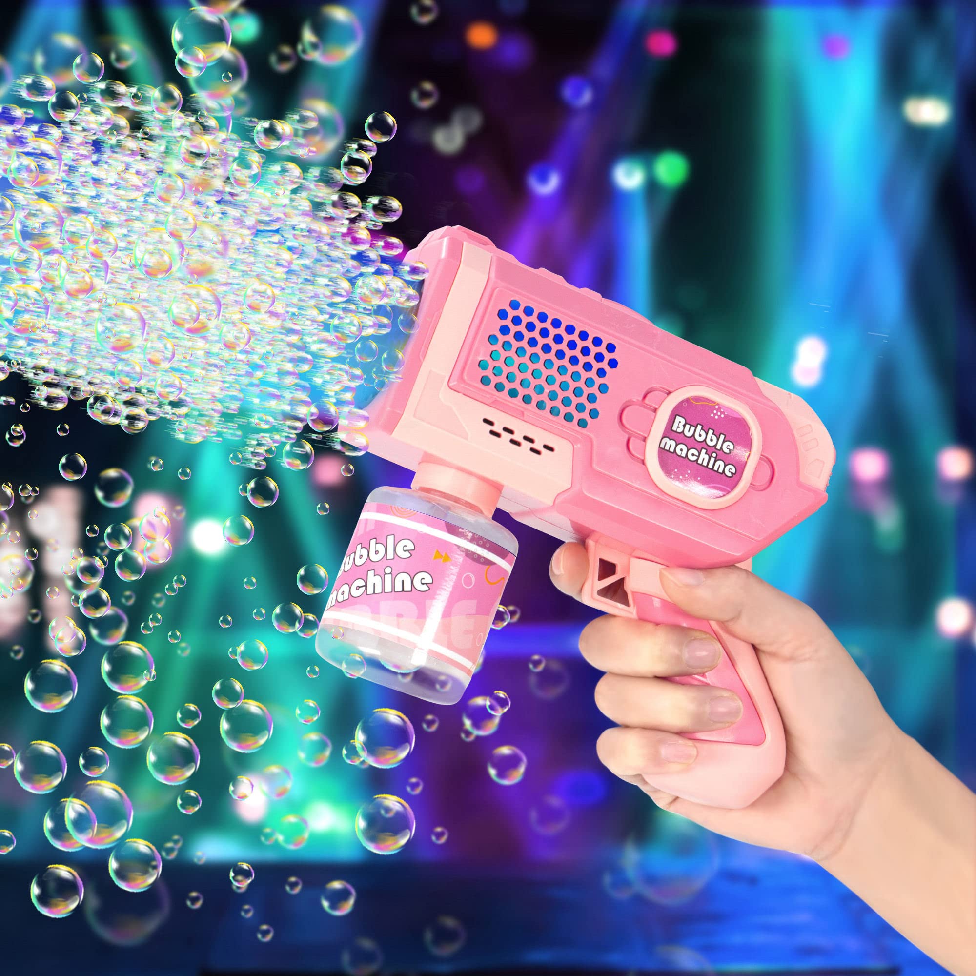 【送料無料】AOMEVOLEO シャボン玉 電動 バズーカ 自動 バブルガン 液漏れ防止 LEDライト付き 子供のおもちゃ 外遊び ピクニック キャンプ 結婚式 誕生日 プレゼント (ピンク)