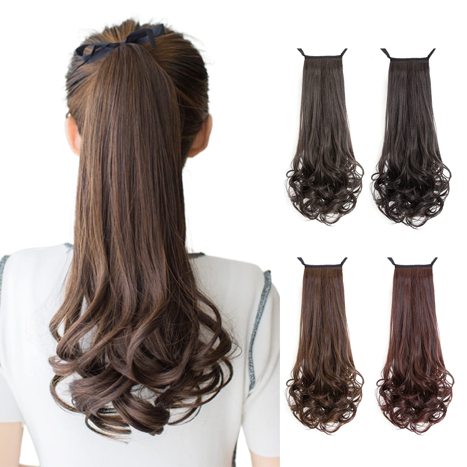 【送料無料】ALLMIRA ポニーテールウィッグ エクステ ロング 長さ 35 45 55cm 4色展開 付け毛 つけ毛 自然 ふわふわ巻き髪 カール ポイントウィッグ ナチュラル 小顔効果 (45cm, ブラウンブラック)